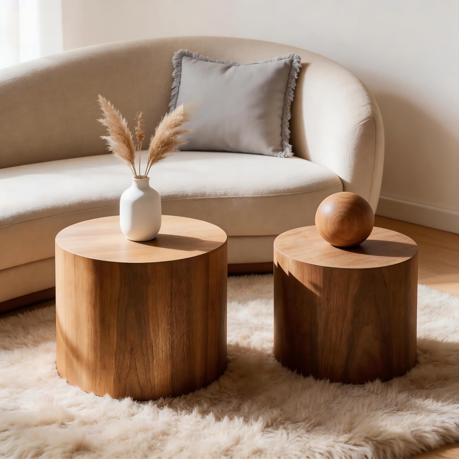 KEVINSPACE Nesting Coffee Table Set of 2, Round Nesting Tables Wooden End Tables for Small Space, Modern Side Tables Set for Living Room, Office, No Need Assembly, Walnut