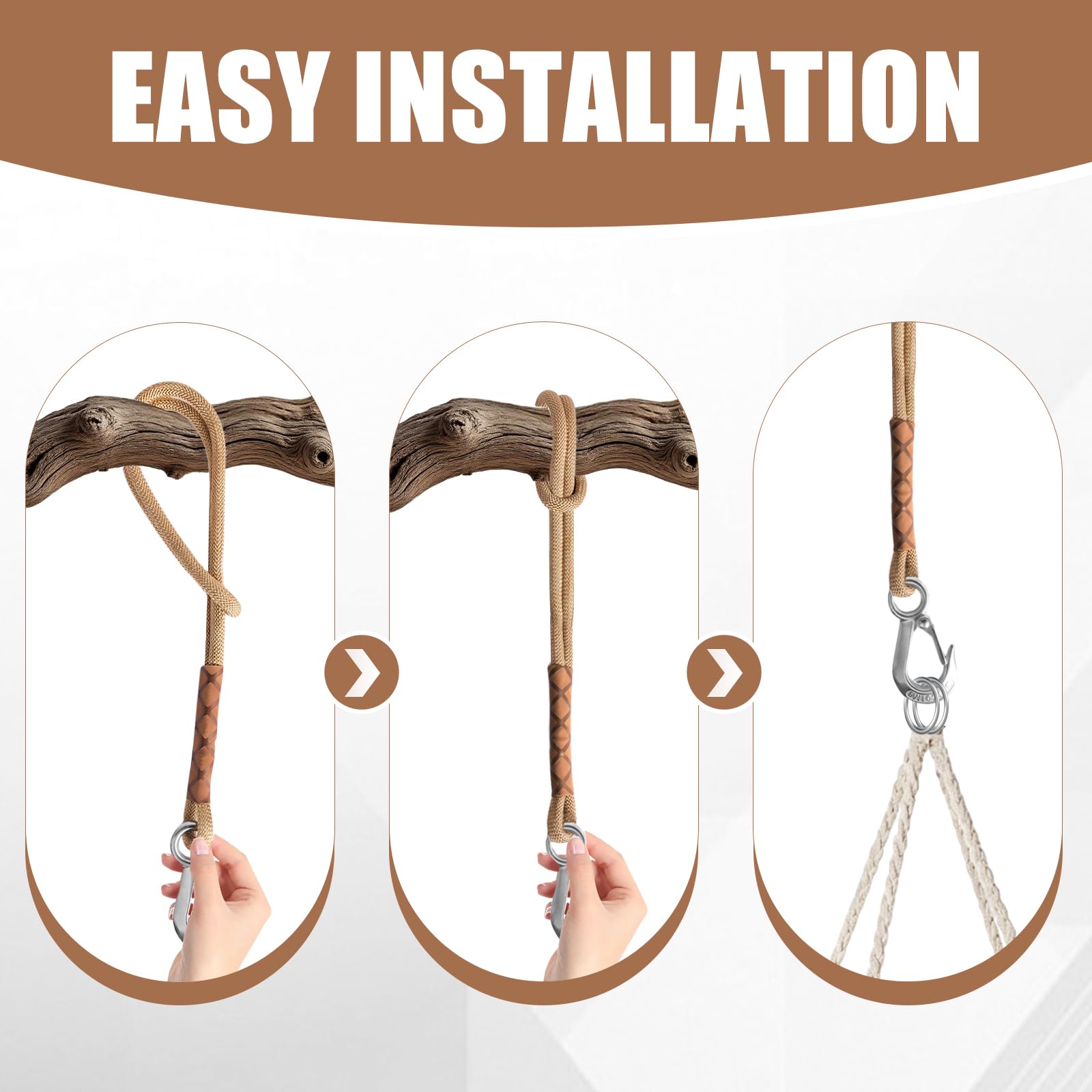 Lot de 2 fixations de balançoire pour arbre et poutres, 60 cm, corde de suspension avec mousqueton, charge jusqu'à 200 kg, idéal pour hamac, fauteuil suspendu et balançoire, pour l'intérieur
