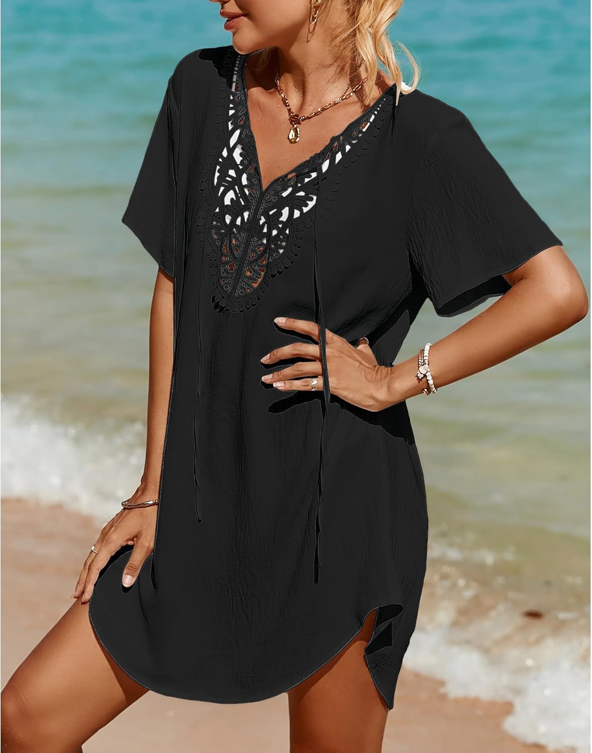 SimpleFun Womens Swimsuit Coverup Lace Crochet V Neck Bathing Suit Cover Up Dress Beach Cover Ups for Swimwear - Image 2