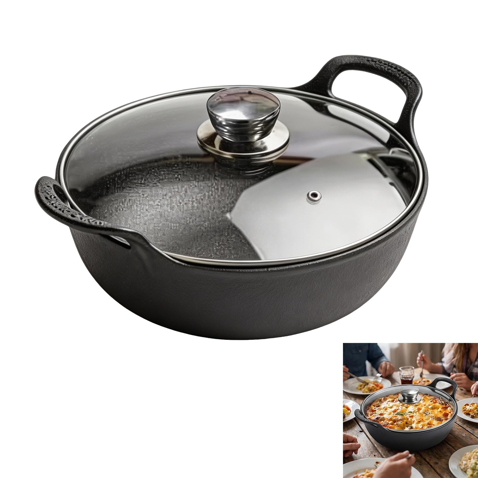 Wok aus Gusseisen mit Doppelgriff und Glasdeckel, Geschenk Antihaft Grillpfanne, Küchen Cookare Topf, Bratpfannen Backen, Grillen und Sautieren