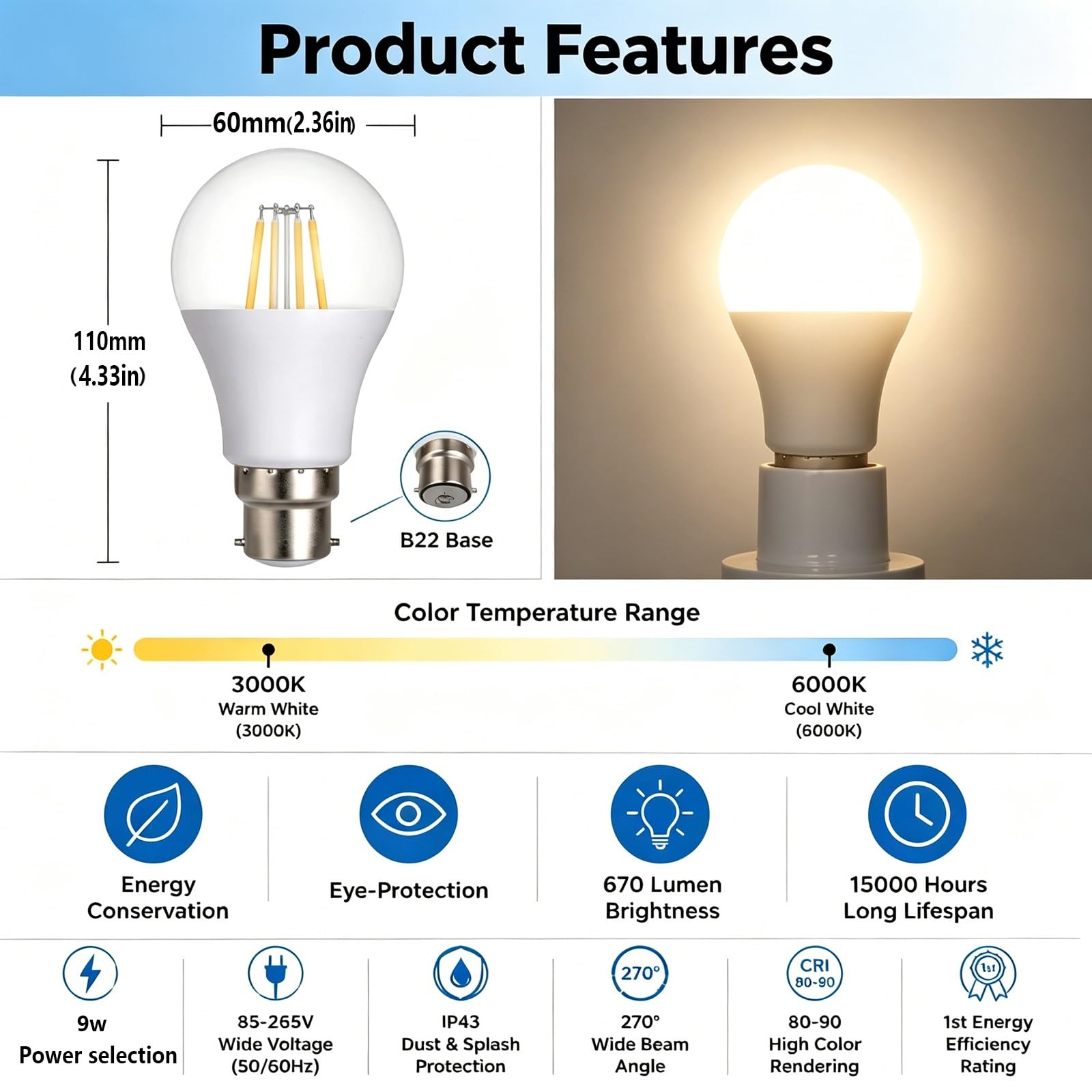 Ampoule LED B22 Culot à Baïonnette 9W (Équivalent 90W) Sans Scintillement Économie d’Énergie IRC>80 Non Dimmable pour Salon Plafonnier Ventilateur de Plafond(Warm White 3000K,6 Pack)