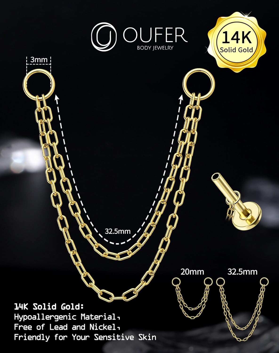 OUFER 14K Gold Earrings, Convertible Dangle Chain for Double Piercings, Drop Dangle Earrings