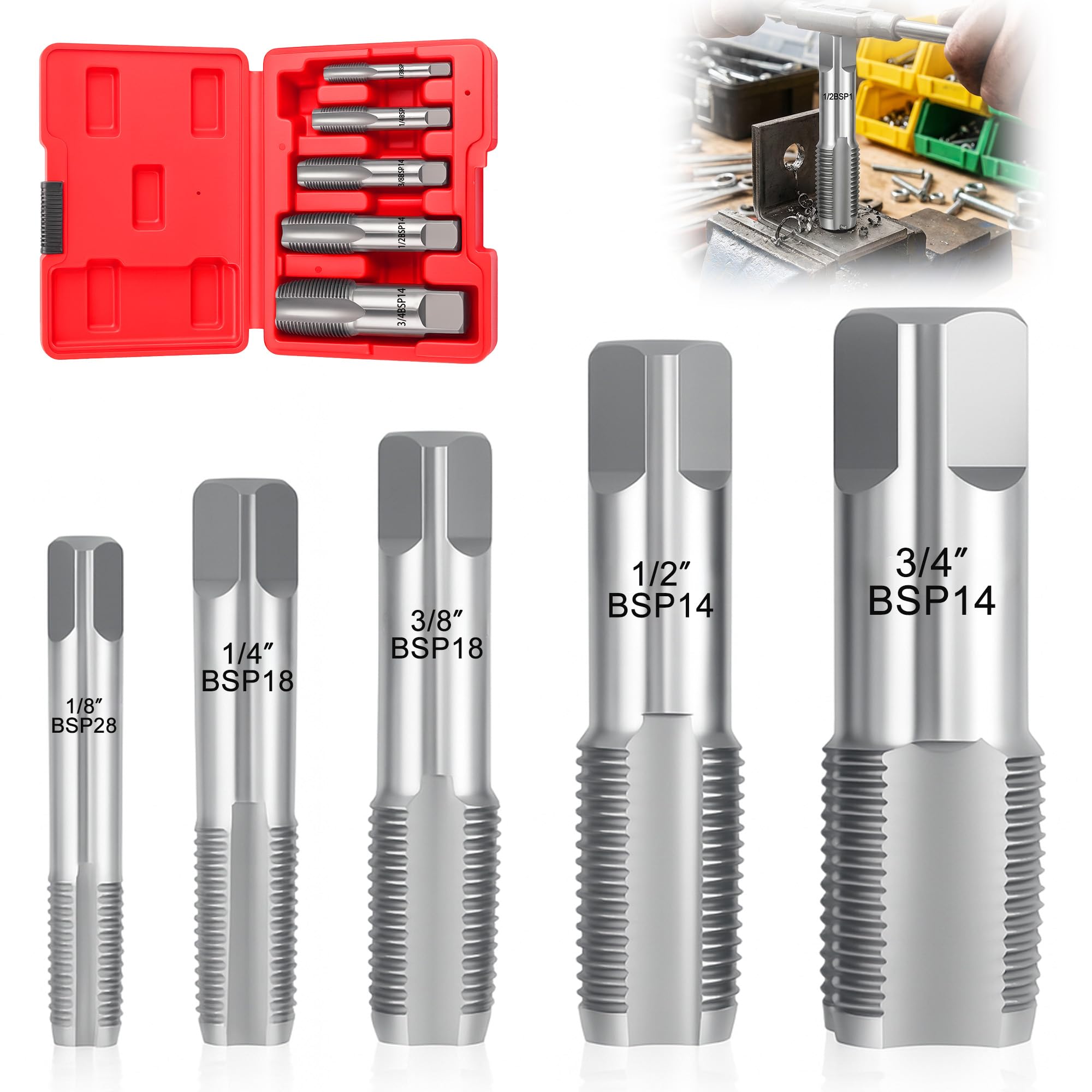 Set di 5 trapani per filettature di tubi BSP: 1/8 pollici, 1/4 pollici, 3/8 pollici, 1/2 pollici, 3/4 pollici filettatura interna ed esterna, utensile di riparazione per tubi metallici con