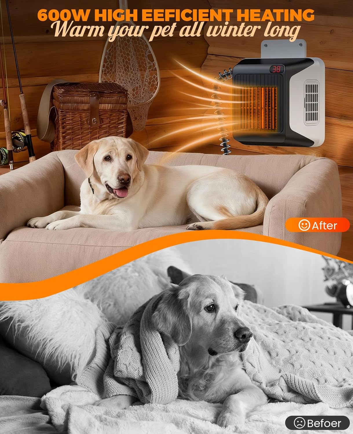 dog house heater with thermostat,pet heater with safe overheat protection and 6ft anti chew cord,2 heating mode (600/300w) pet warmer suitable for dogs chicken coops rabbits