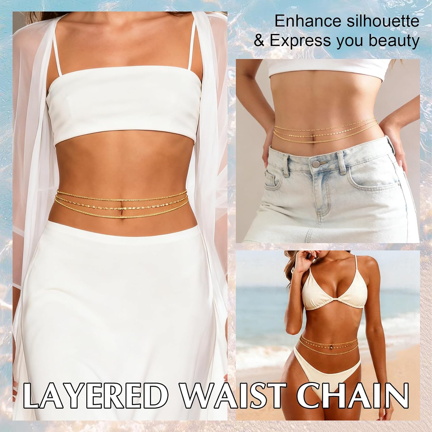 14K Gold Plated 3-Layer Belly Chain, 27.5"-37.3" Adjustable Waist | Fits up to plus size, versatile for bikini layering, storage brand gift pouch included