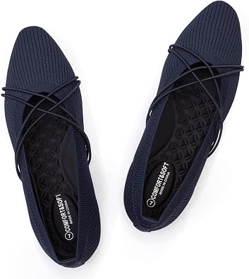 Frank Mully Womens Square Toe Flats Comfortable Knit Ballet Flats with Criss Cross Strap Breathable Slip On Shoes Lightweight Work Walking Travel Flats