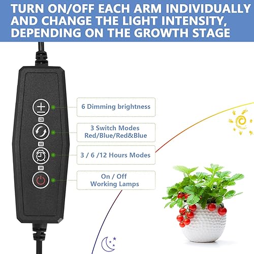 Miniatura 5 de Fangflower Lámparas de cultivo de jardinería, luz LED de espectro completo para plantas de interior con 3 cabezales y luz de espectro completo rojo,