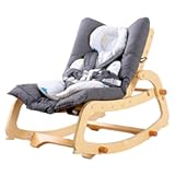 MallBest 3-in-1 Baby Double Cushions Bouncer Adjustable Wooden Rocker Chair Recliner with Removable Cushion and Seat Belt for Infant to Toddler &lpar;Grey&rpar;