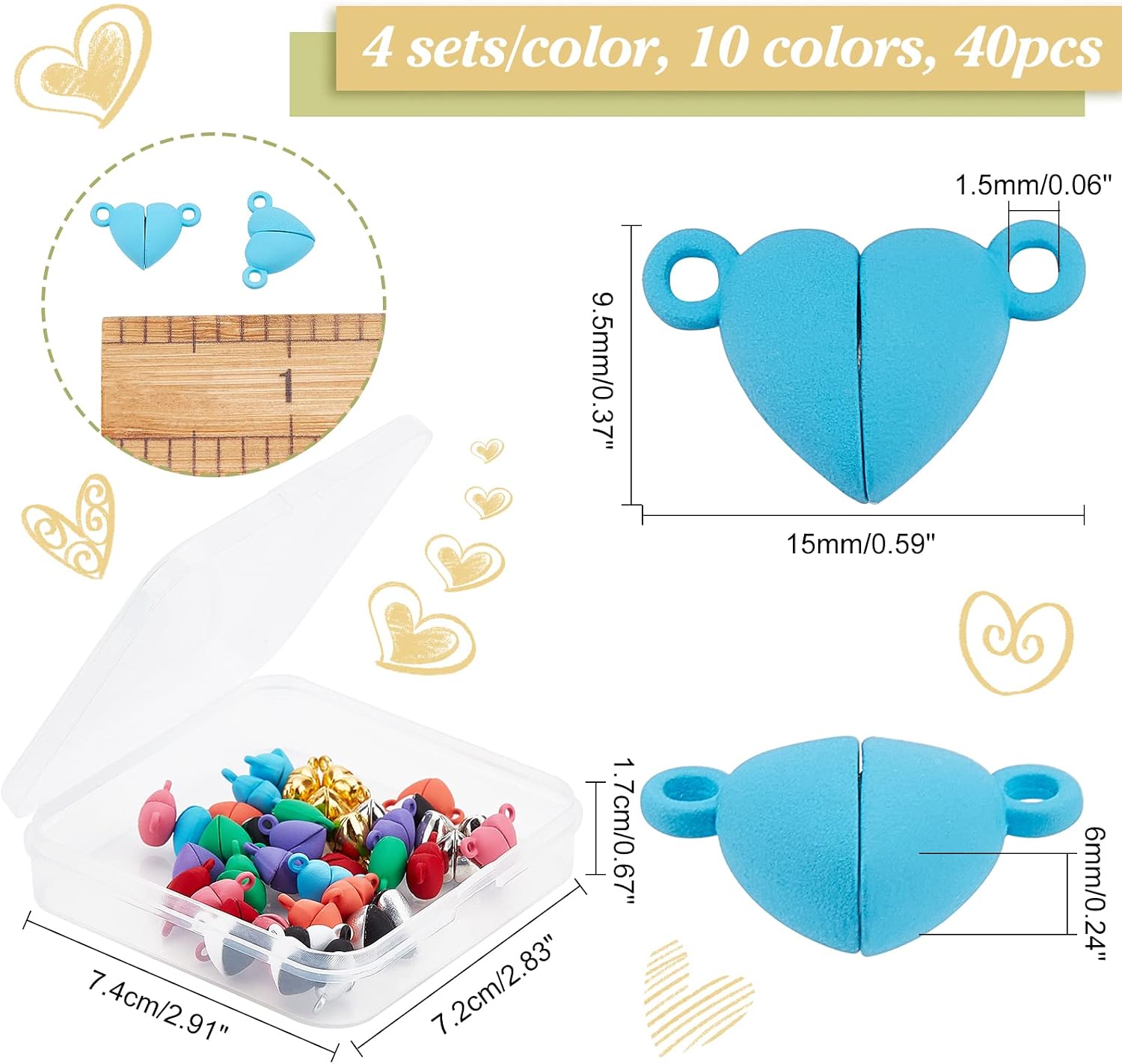 CHGCRAFT 40 Sets 10 Colors Heart Shaped Magnetic Clasps for Jewelry Magnetic Breakaway Clasp Converter for DIY Couple Bracelet Necklace Making Jewelry Accessories, 15x9.5x6mm