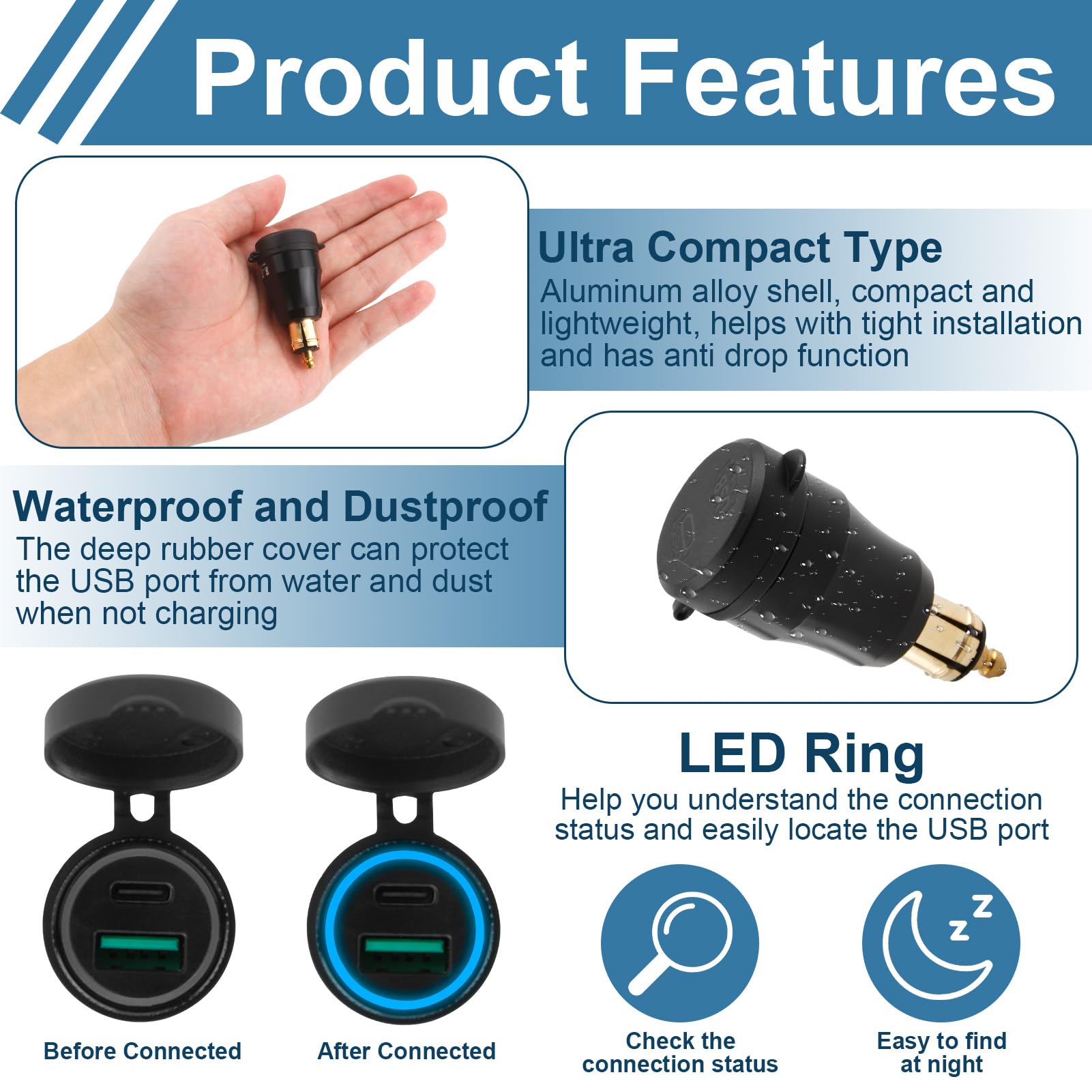 Cargador de aluminio DIN Plug to USB C 30W 5A QC 3.0 Enchufe USB DIN Cargador rápido para motocicleta impermeable Adaptador con LED azul para BMW Triumph Ducati Tiger Style Europ DIN Hella Socket