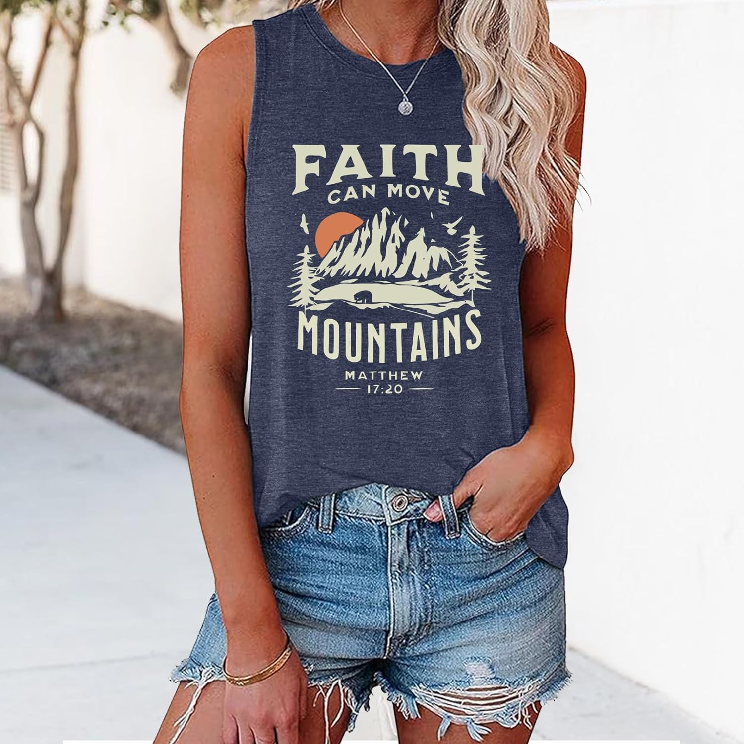 LOOKFACE Women's Crewneck Sleeveless Tank Top with Faith Can Move Graphic Print Cute Tunics - Image 2