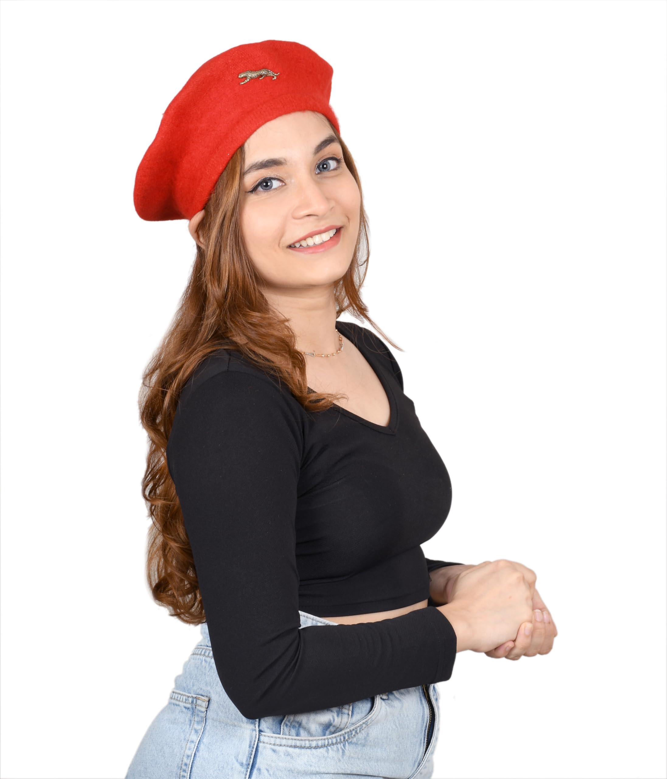 SOUL eTHICS Women's Premium Wool Blend French Artist Beret Cap - Stylish, Warm & Classic - Elegant Winter Beanie Hat for Girls & Ladies -Free Size (in, Alpha, Free Size, Red, Leopard) - Image 5 thumbnail