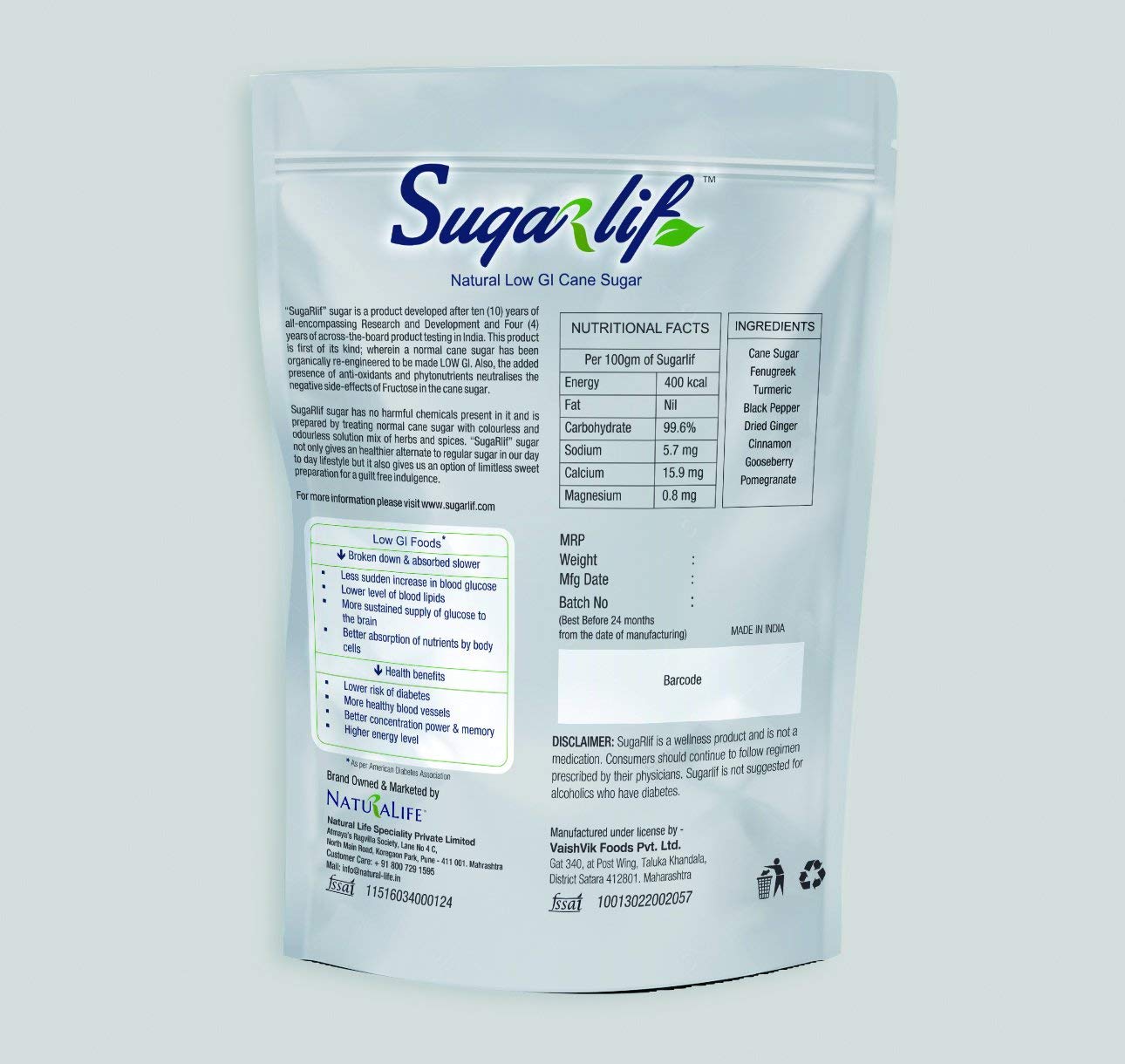 Sugarlif LOW GI Diet Sugar Diabetic Friendly Herbal Cane Sugar Free