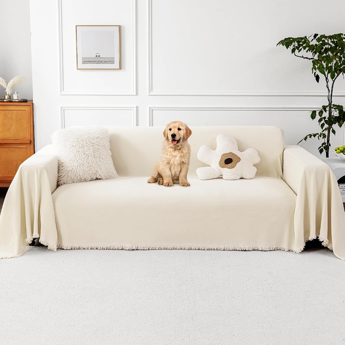 Chenille Couch Cover for Pets,Boho Sectional Sofa Cover for 3 Cushion Couch, Washable Sofa Throws Blanket with Tassel Furniture Protector Pet Friendly (Beige,71''x 118'')