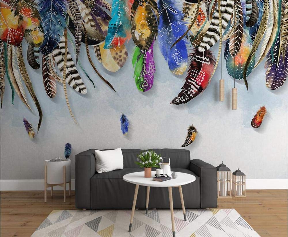 Papier peint mural personnalisé plume colorée fond feuilles fraîches