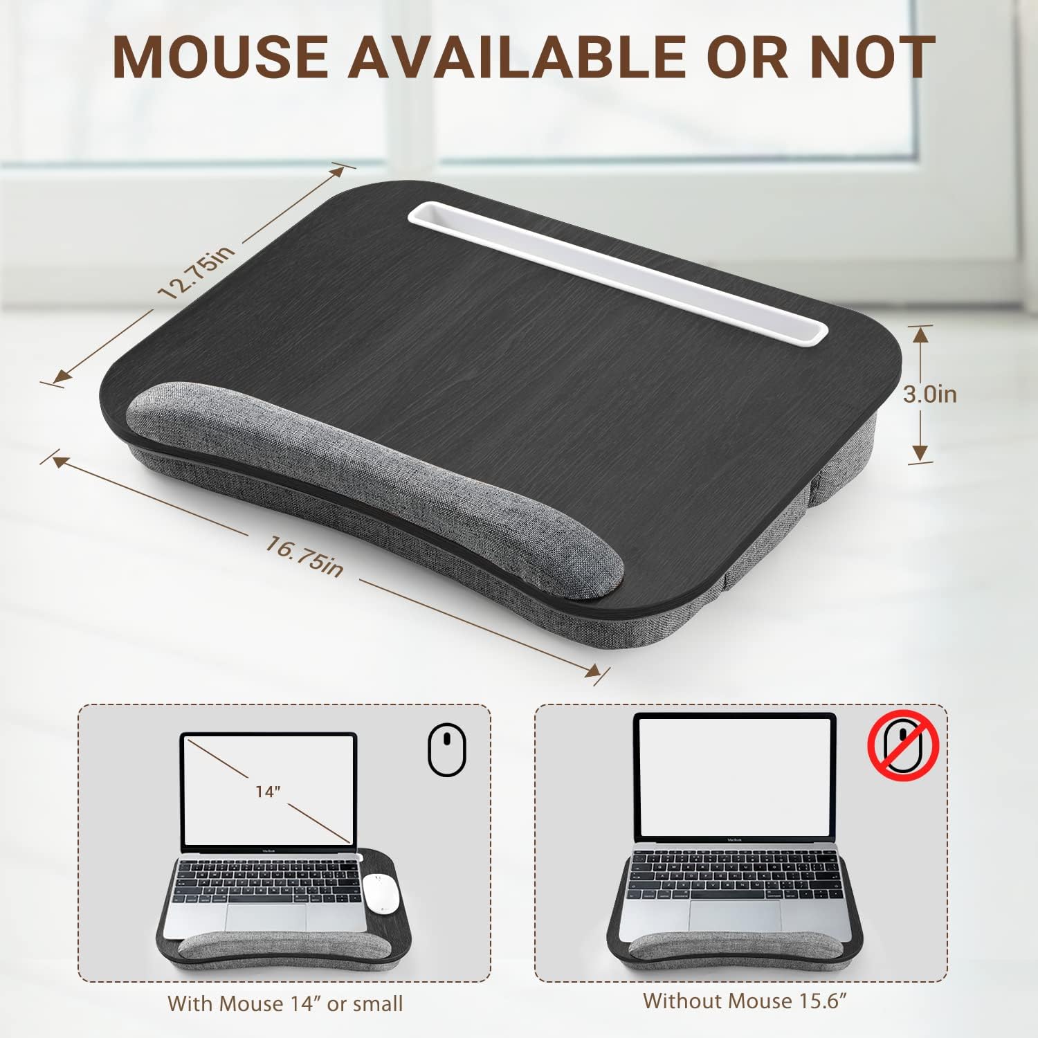 Lap Desk Height Adjustable - Fits up to 15.6 inch Laptop, Ohuhu Portable Wood Lap Laptop Desk with Soft Pillow Cushion, Anti-Slip Strip & Storage for Notebook, MacBook, Tablet Laptop Stand, Black