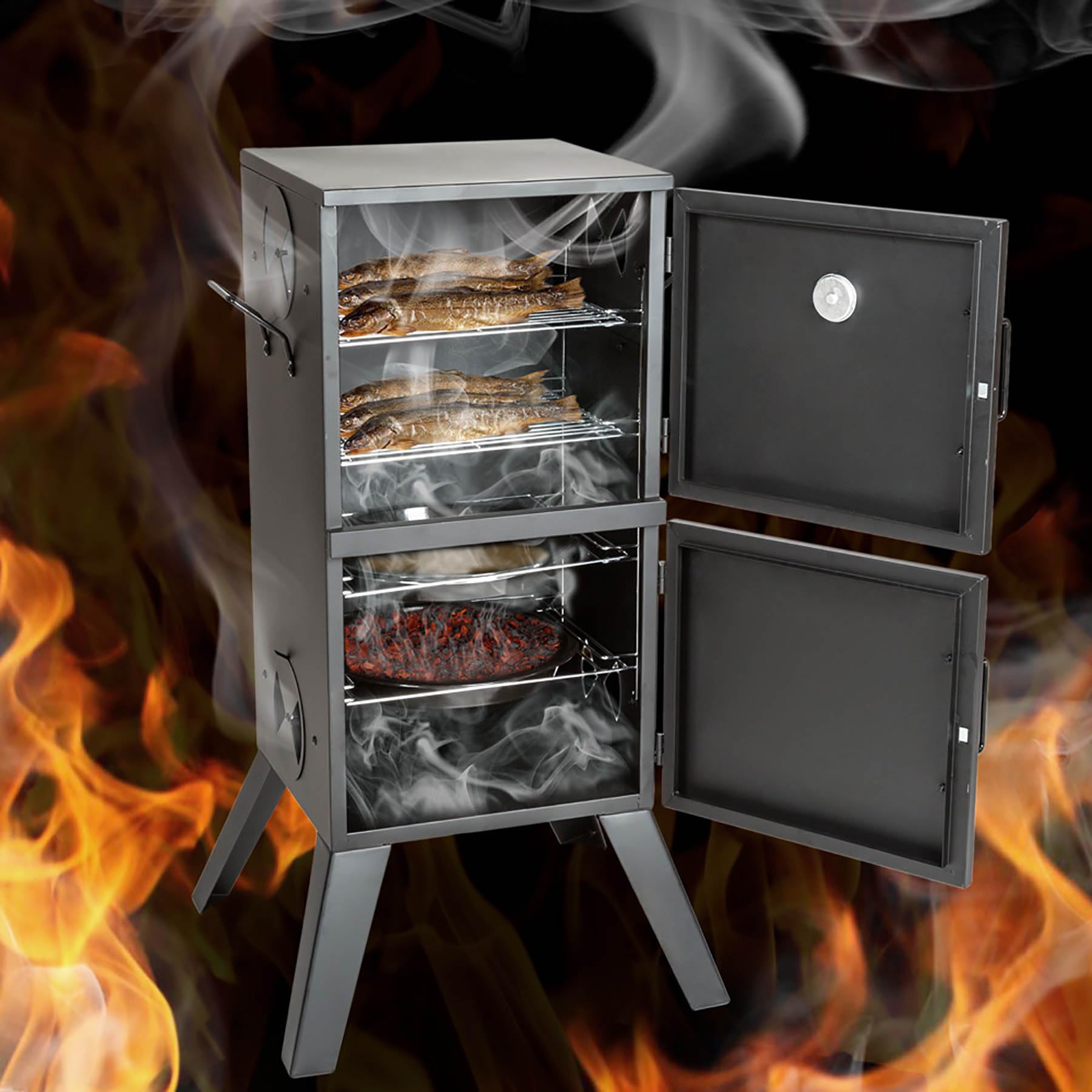 tectake® BBQ Barbecue Smoker a Carbonella, 54x50,5x100 cm, Forno per Affumicatura a Legna, Acciaio Resistente al Calore, Indicazione Temperatura, 2 Ganci Presa, Griglie Cromate, Affumicatore