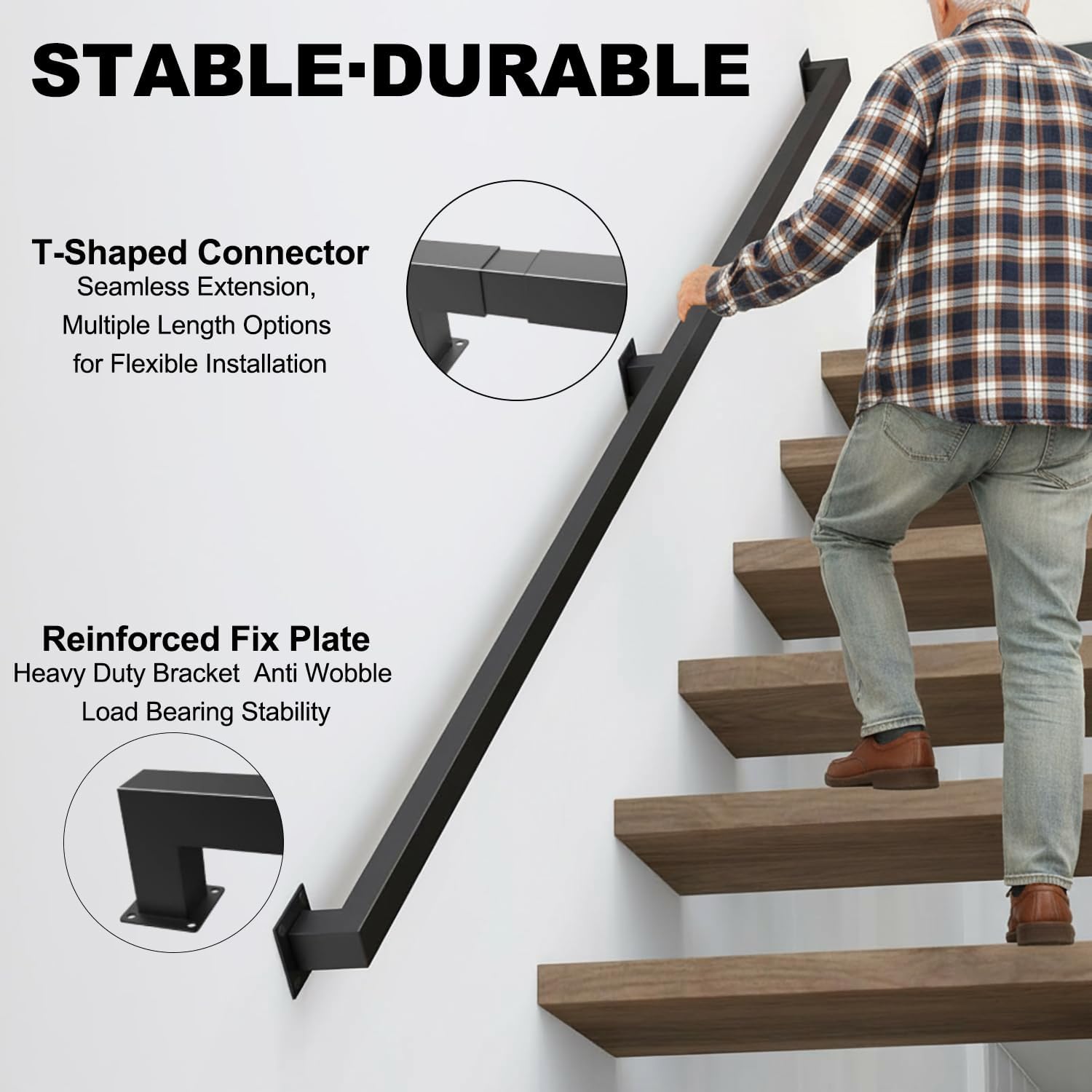 6FT Stair Handrail Indoor, Black Metal Stair Railing, 500lbs Load Capacity Industrial Iron Handrail, Wall Mounted Safety Handrail, for Stairs, Home, Loft, Porch, Deck, Rust-Resistant