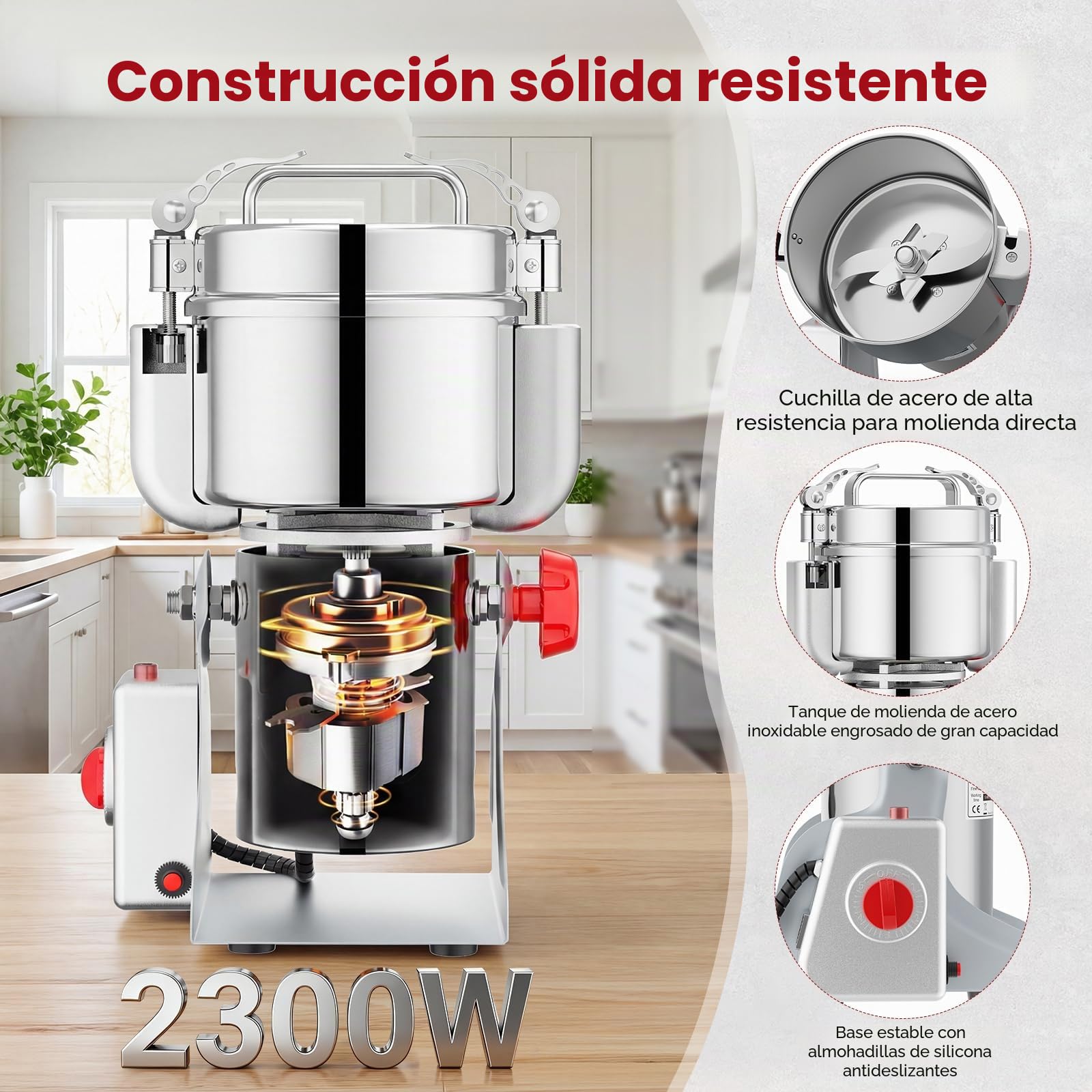 Molinillo de cereales portátil de 220 V, agitación para moler, polvo de harina de alta velocidad, para hierbas, especias, nueces, cereales con protección contra sobrecarga (500 g)