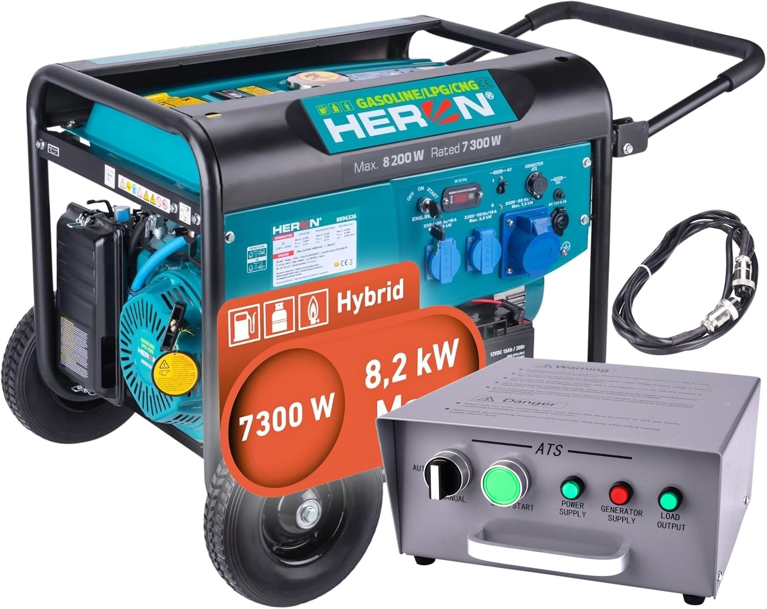 Heron Hybrid Benzin- & Gasgenerator (LPG/NG) und Notstromaggregat, 8,2 kW, mit 25L Tank, Elektrostarter, zwei 16A 230V & einer 32A 230V-Steckdose, mit AVR & ATS-Umschaltbox