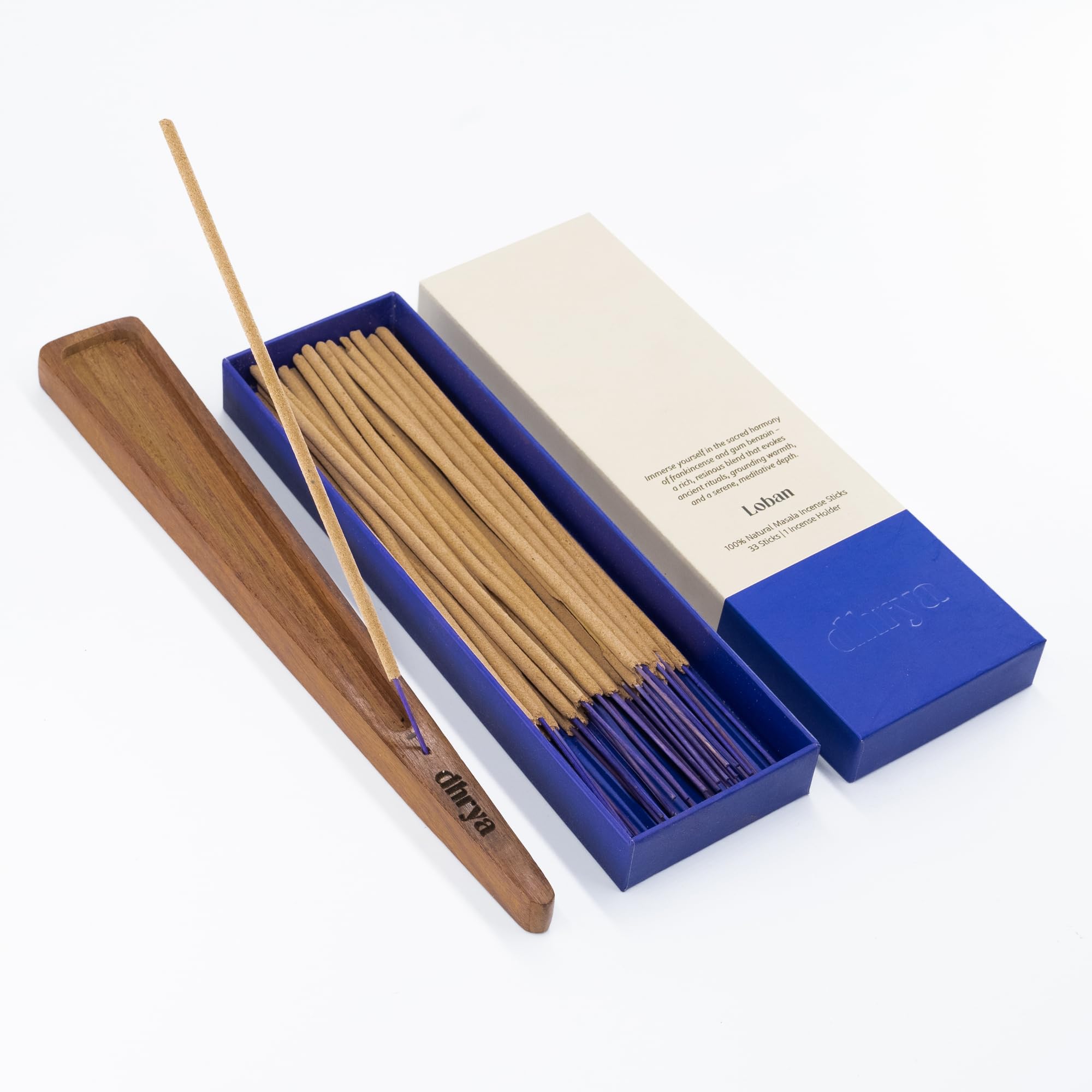 Dhrya Purple Loban Luxury Hand-Made Natural Masala Incense Sticks – Organic, Charcoal-Free Frankincense & Benzoin Scents For Aromatherapy & Meditation (33 Sticks + Indian Rosewood Holder)
