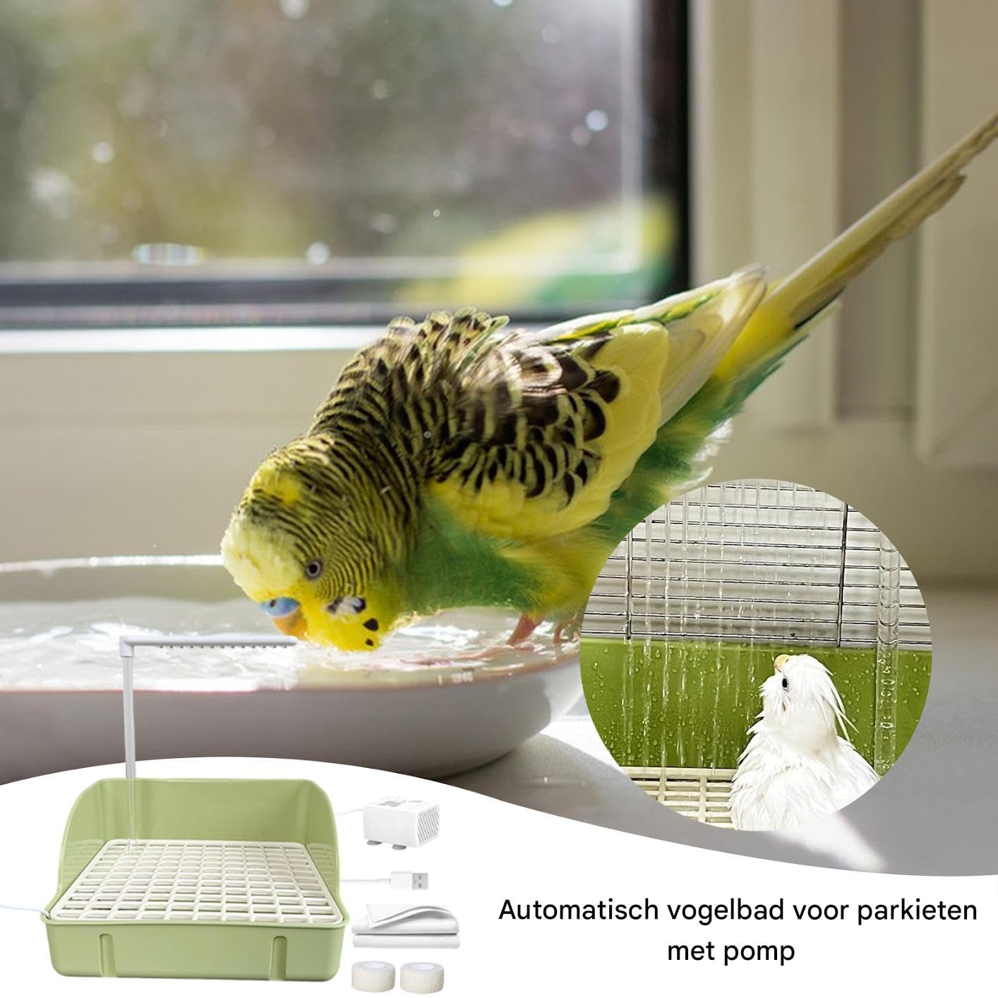 Ducha para pájaros | Automático Pájaros Bañera con Bomba | Diseño Espacial | Loros Contenedor de baño, Jaula de Pájaros Accesorio para Conures, Pinzones, Periquitos, Agaporniss, Perquitas y Guacamayos