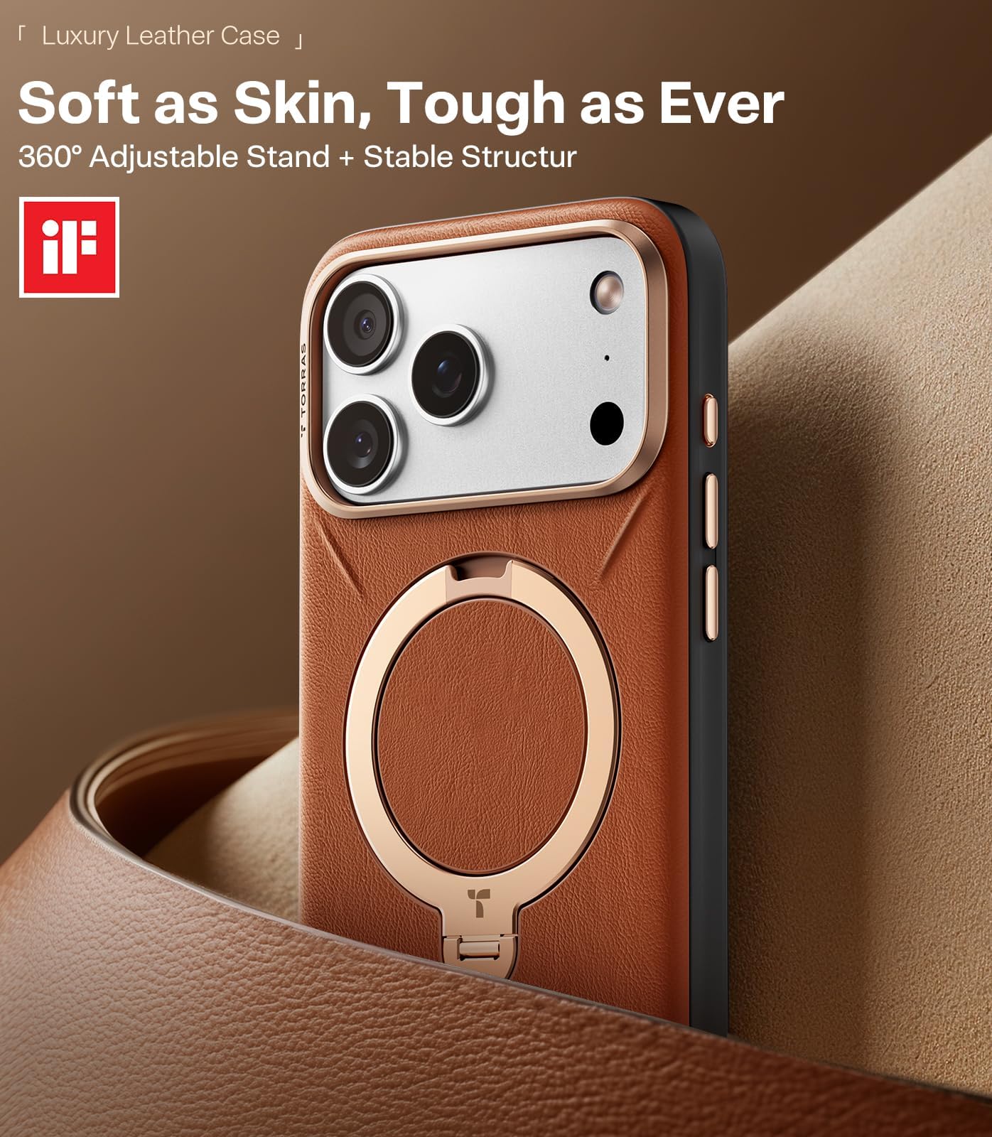 TORRAS Ostand Q3 VegSkin Cover per iPhone 17 Pro, Custodia Ostand Q3 VegSkin in Pelle di Silicone Sostenibile, Supporto Magnetico Invisibile a 360°, Pelle di Alta Qualità, Ultra Sottile, Marrone
