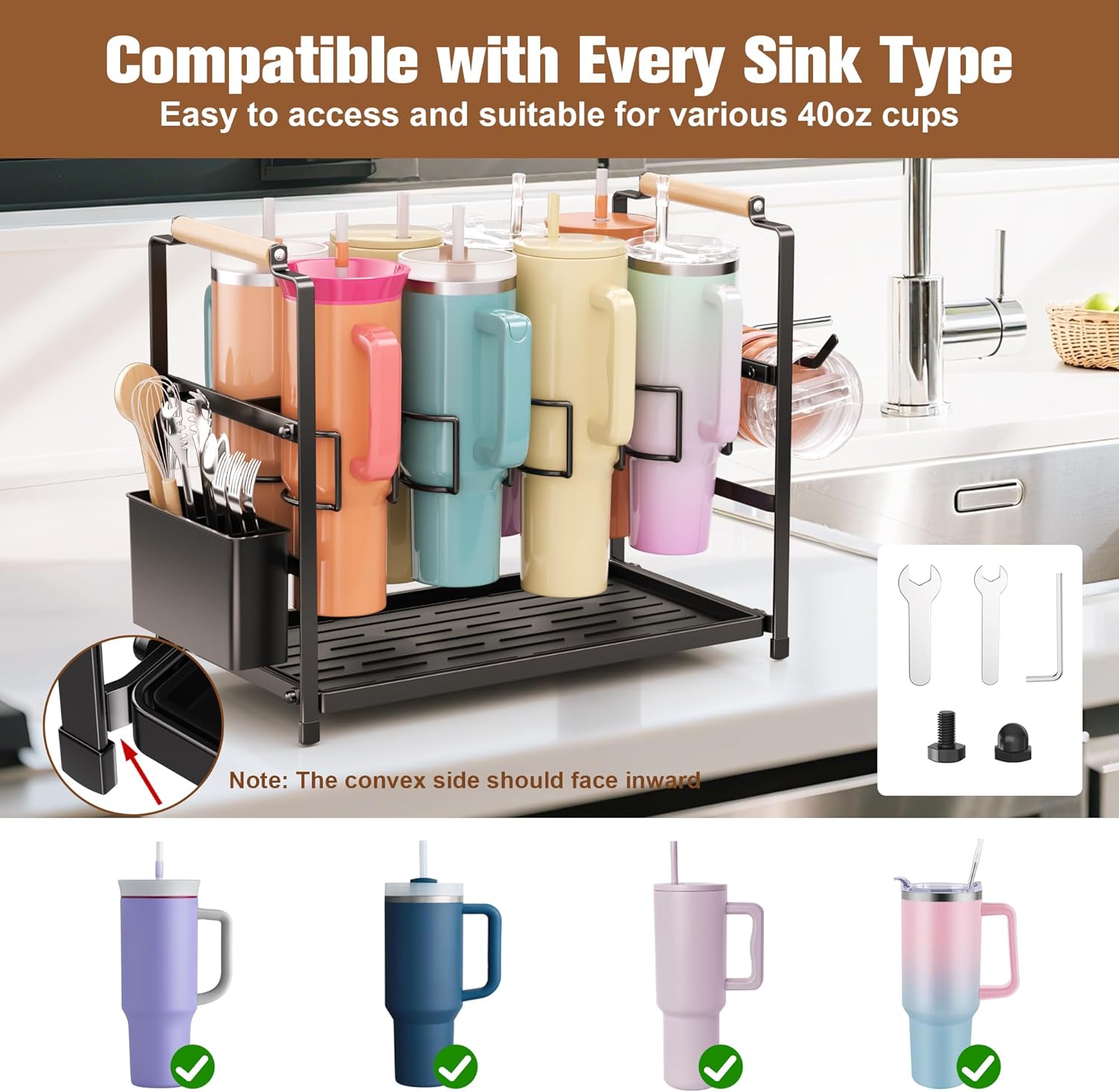 Tumbler Water Bottle Organizer for 40 oz Tumbler with Handle, 2 in 1 Multi-Functional Stanley Cup Storage Holder, Stanley Cup Stand Organizer Drying Rack for Kitchen Cabinets Organizer, 8 Slots - Image 2