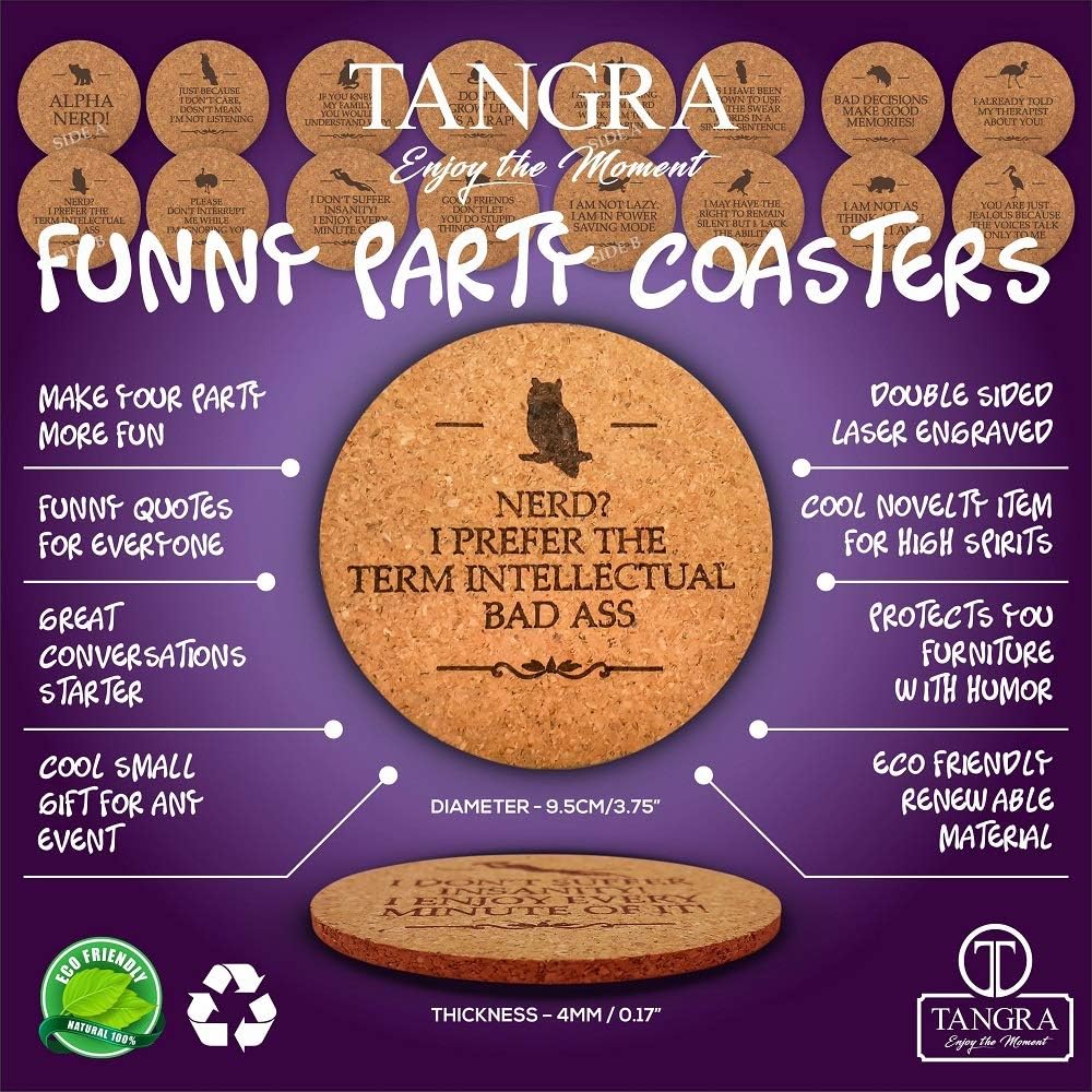 Nеw Arrіvаlѕ Funny Party Cork Bar Coasters [8 Pack] Double Sided Laser Engraved with 16 Sayings. Have Fun for Birth Day Man Woman Colleague Office Coffee Mug Beer Drinking Glass (Funny Style - 1)