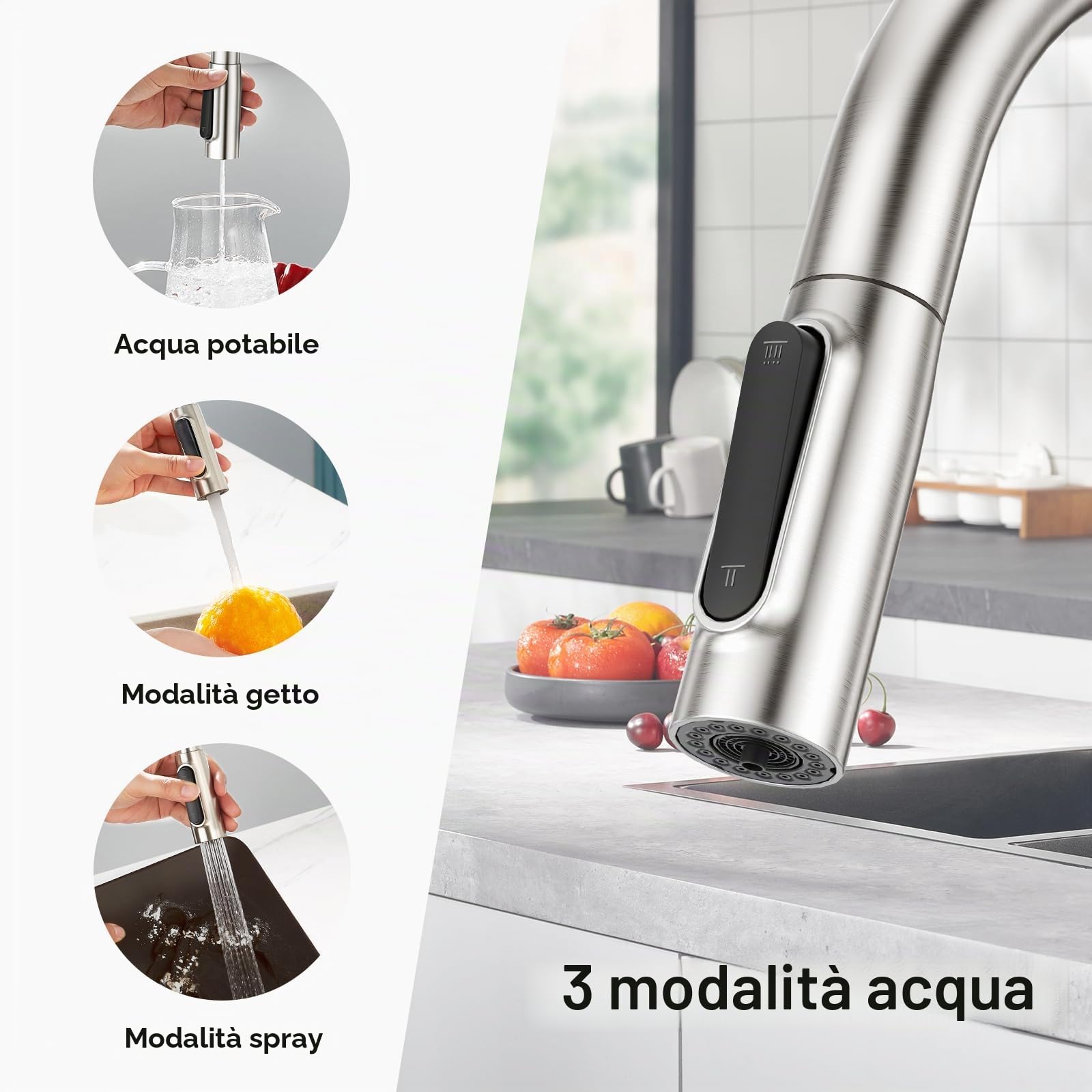 Faustina Rubinetto da Cucina a 3 vie con Doccetta estraibile, Rubinetto da Lavelli per Cucina a doppia leva 3 in 1 per filtro Dell'acqua Osmosi spazzolato