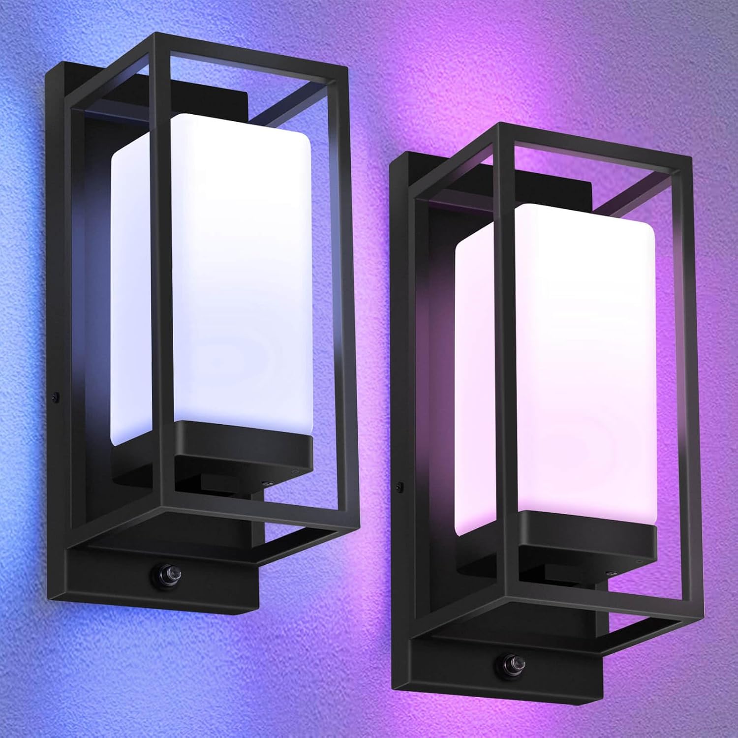 SHIMR Smart Outdoor Wall Lights 2 Pack, WiFi RGB Color Changing Sconce 2700K–6500K Tunable White, Dusk to Dawn Outdoor Light Fixture with E26 Base for House Porch Garage, Work with Alexa & Google