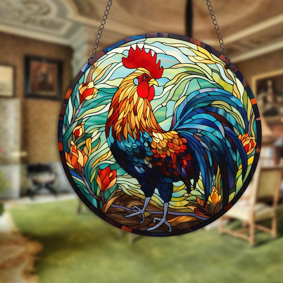 HOTIYOK Colourful Rooster Stained Acrylic Window Hanging Panels Farm Animal Cockerel Home Wall Ornaments for Decoration Gift for Women Mom Grandma Teacher