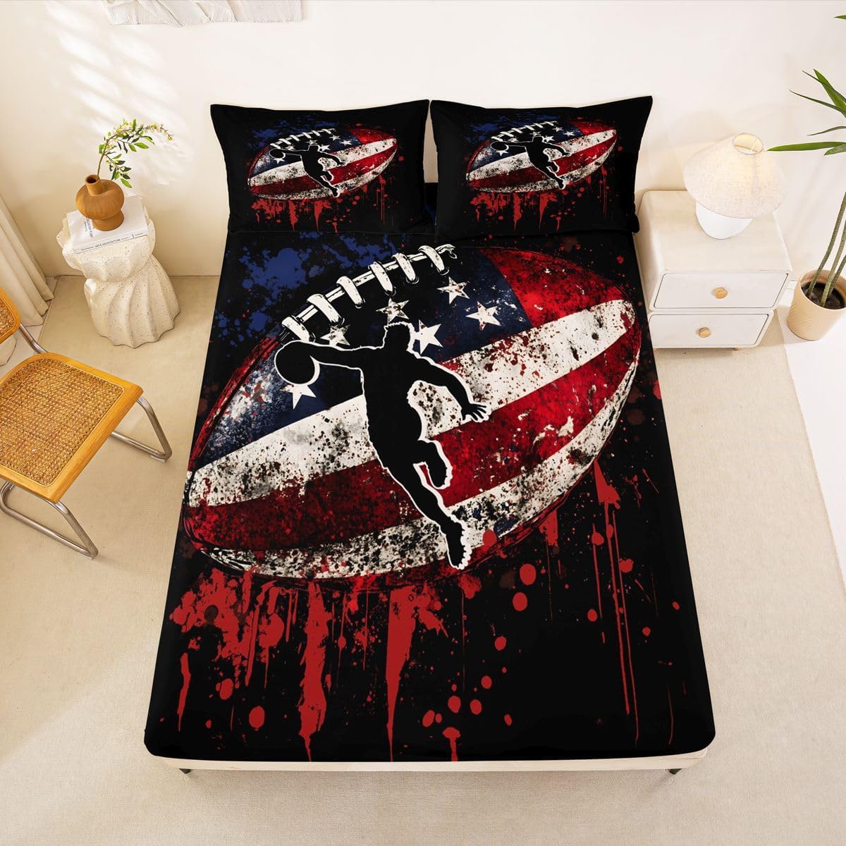 Feelyou Football Bed Sheets Set Queen Size Sports Game Bed Set for Kids Boys Girls Rugby Gaming Deep Pocket Fitted Sheet Gift for Football Lover Breathable Soft Lightweight Microfiber Black and Red image 2