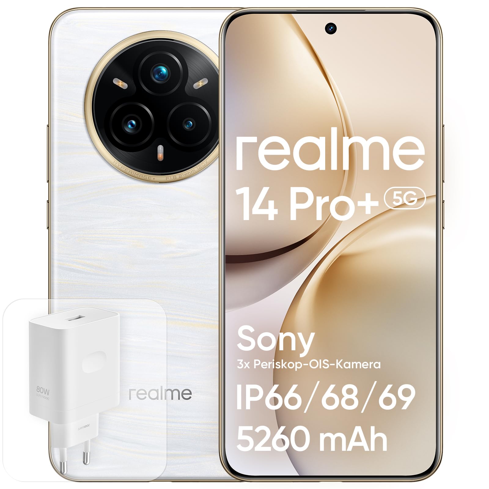 realme 14 Pro+ 5G Android Smartphone, 8+ 256 GB, Sony IMX896 OIS-Kamera, Trendiges Design mit wechselnden Farben, IP69, 6,83" 120-Hz-Display, 5260-mAh-Akku, Weiß (Mit Adapter)