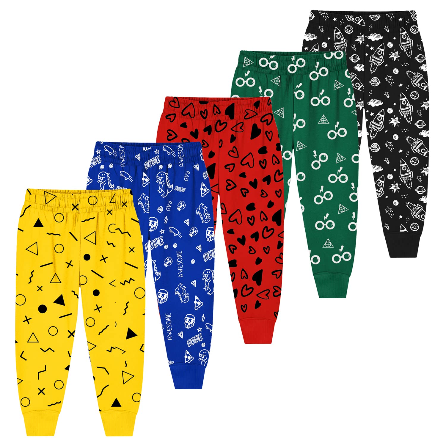 TrampolineKids Cotton Blend Pyjamas Pack of 5 | Bright Colors & Fun Prints | Ribbed Ankle Everyday Bottoms for Boys & Girls | Soft & Breathable Fabric
