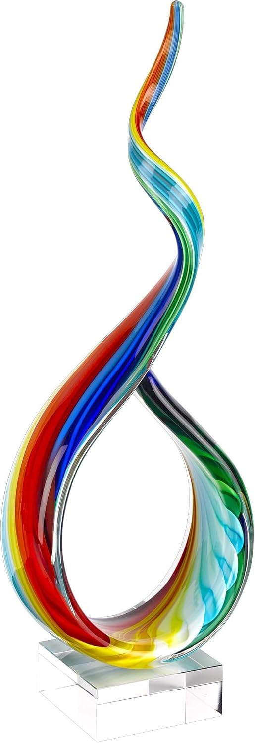 Badash Rainbow Murano-Style Glass Sculpture - 18" Handblown Rainbow Art Statue on Crystal Base, Home Decor Centerpiece