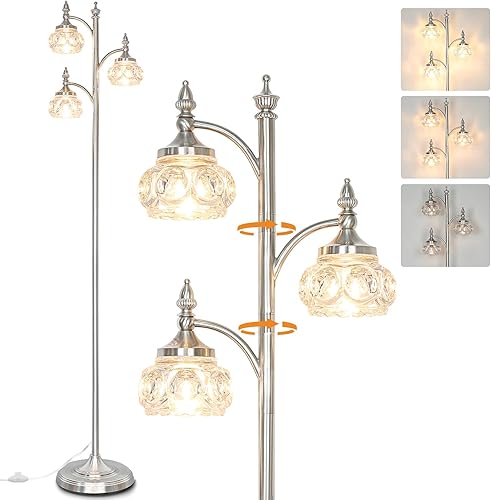 Miniatura 9 de Lámpara de pie negra para sala de estar, lámpara de pie alta, regulable, con 3 luces giratorias, pantalla de cristal, lámpara de esquina moderna