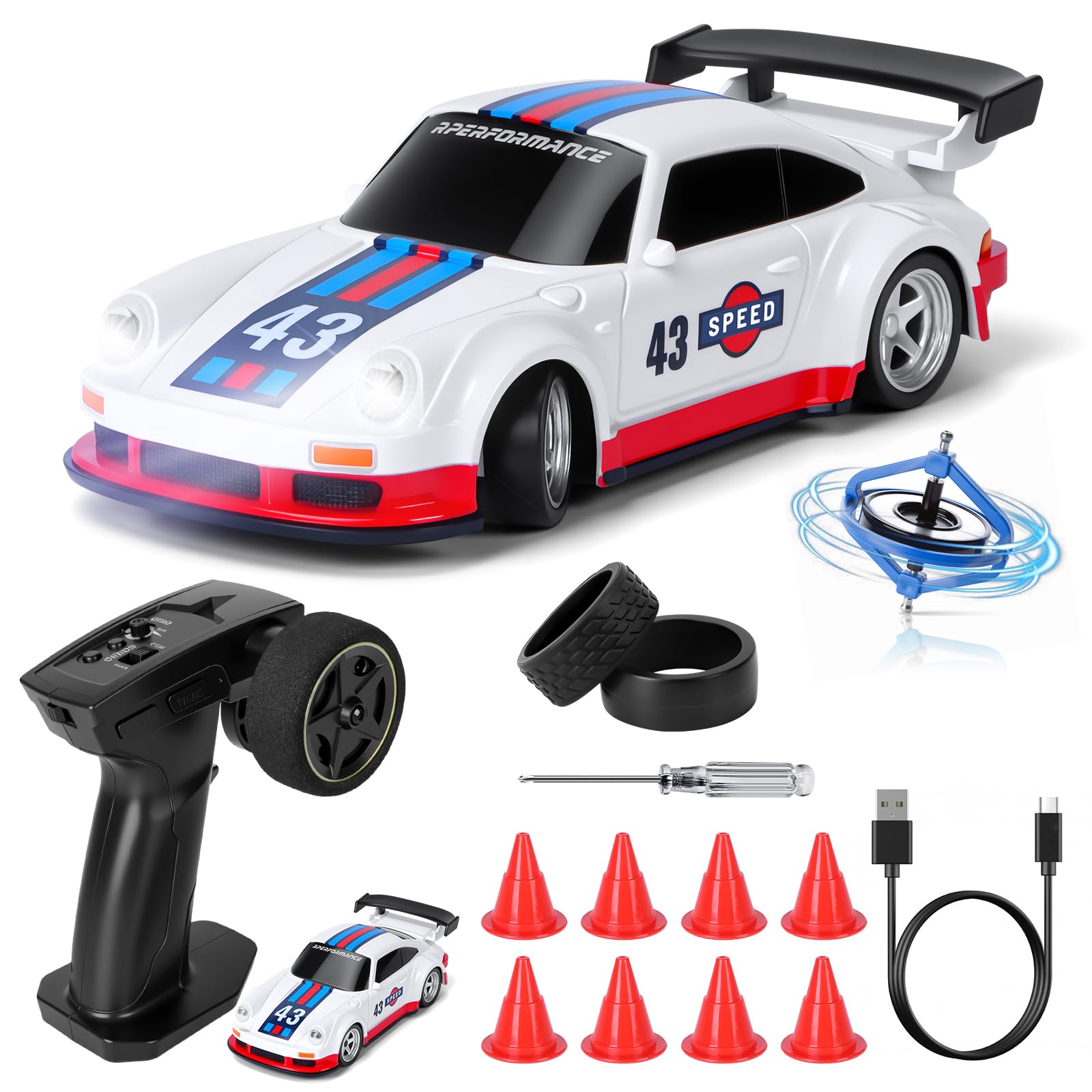 Joellfuner Coche Teledirigido Drift, 1:43 Mini Drift RC Car, 4WD Coche Radiocontrol con Kit Barricada y Luces LED, 15km/h, Coche Teledirigido de Juguete para Niños Mayores de 14 Años (Gyroskop)