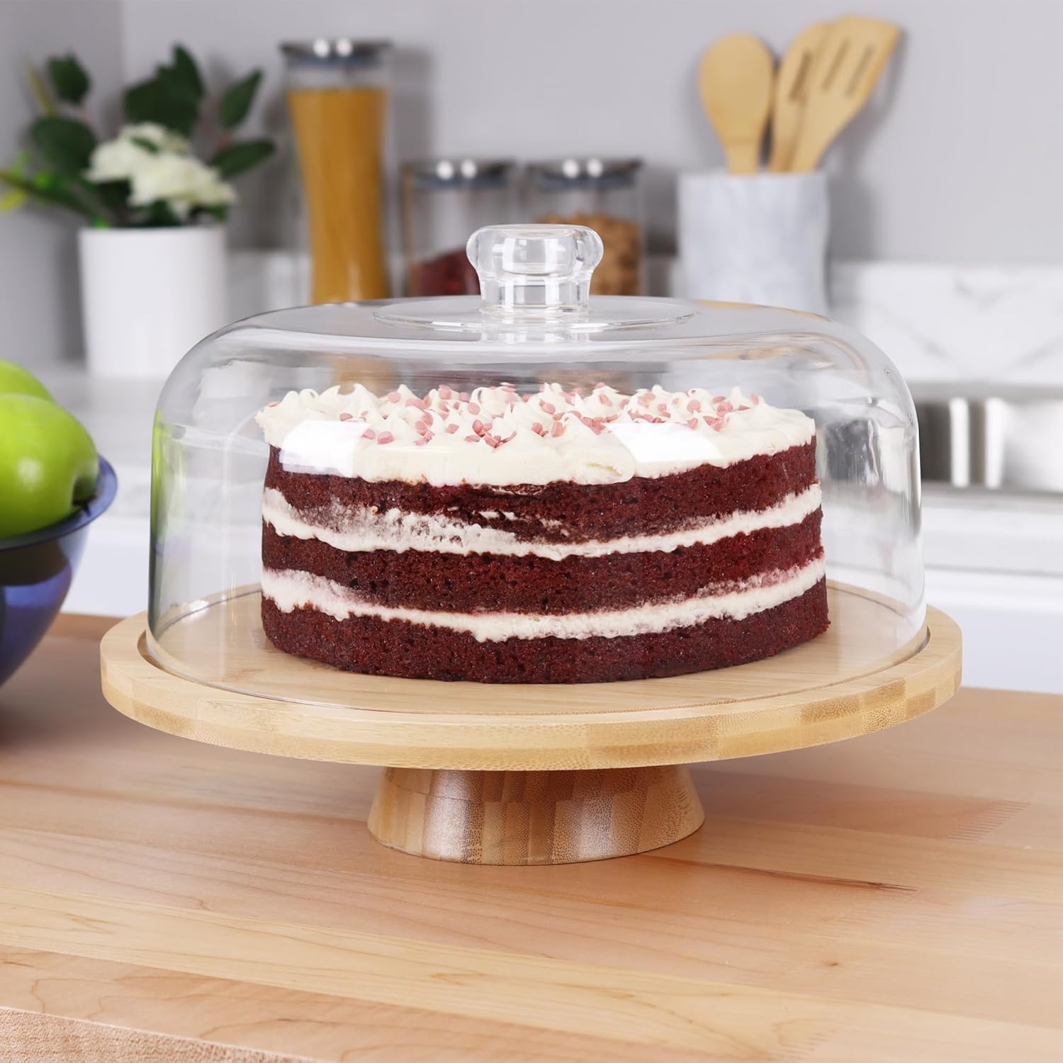 JOEY'Z 6 in 1 Large Bamboo Wood Cake Stand with Lid - Multiuse Wooden Cake Stand with Dome Acrylic Cake Cover/Cake Dome - Cake Holder With Lid - Bamboo Base Punch Bowl - Cake Stands