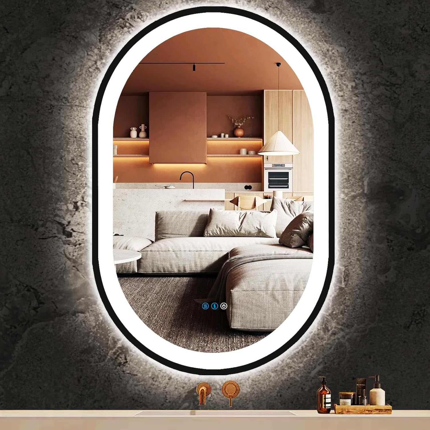 38 x 26 Inch Black Oval LED Mirror for Bathroom Salon Wall Horizontal/Vertical Mounted 38 Inch Black Frame Oval Lighted Mirror with Lights Smart Memory 3 Color Dimmable Front Lights Antifog