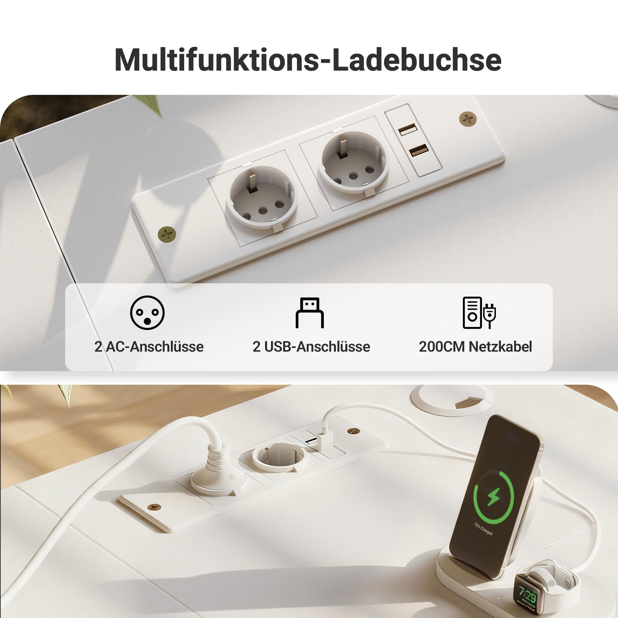 Claiks Schreibtisch L Form mit 4 Stoff Schubladen, 140x80 cm Eckschreibtisch mit USB-Ladeanschluss und Steckdose, L förmiger Schreibtisch mit Monitorablage für Büro, Weiß
