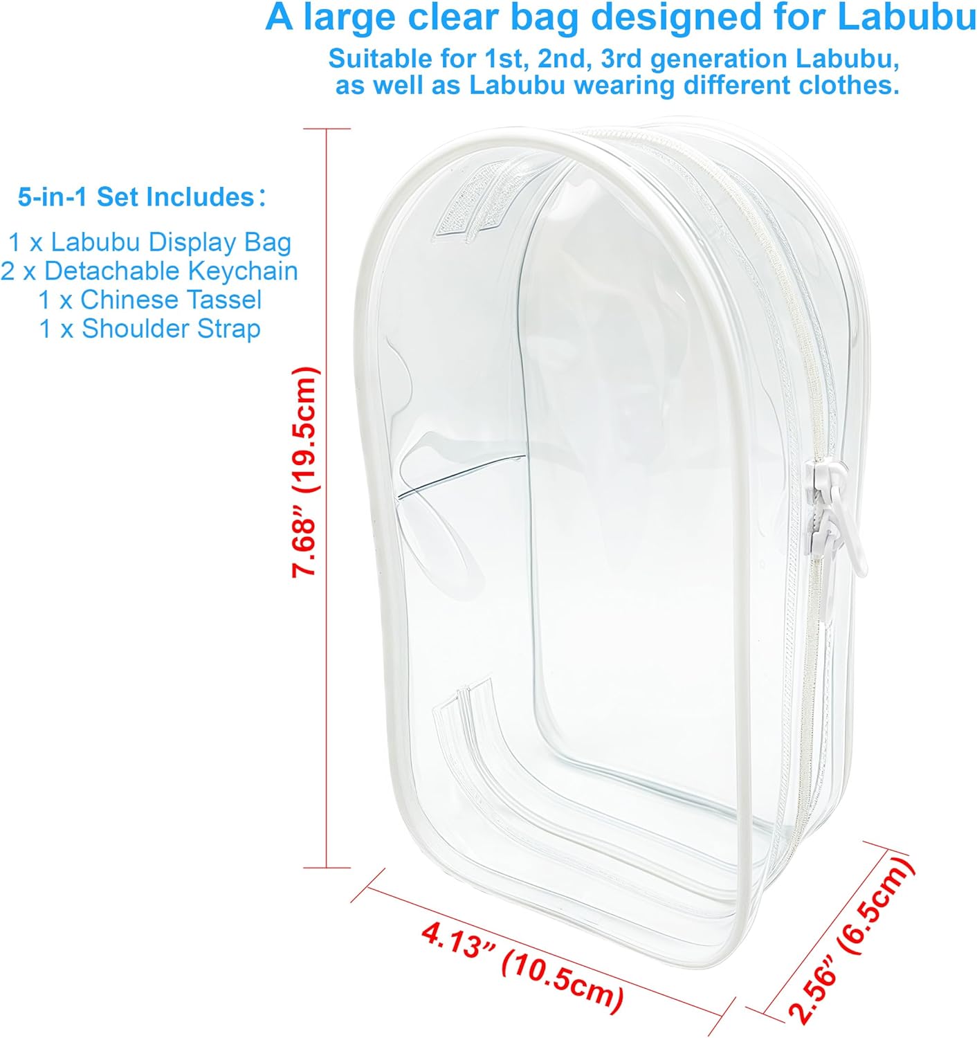 Haotree Large Clear Display & Storage Bag Protector for LABUBU The Monsters, Carrying Soft Protective Case Cover for Pop Mart Figures Dolls, Waterproof, with Keychain, Zipper and More, 5-in-1 Set