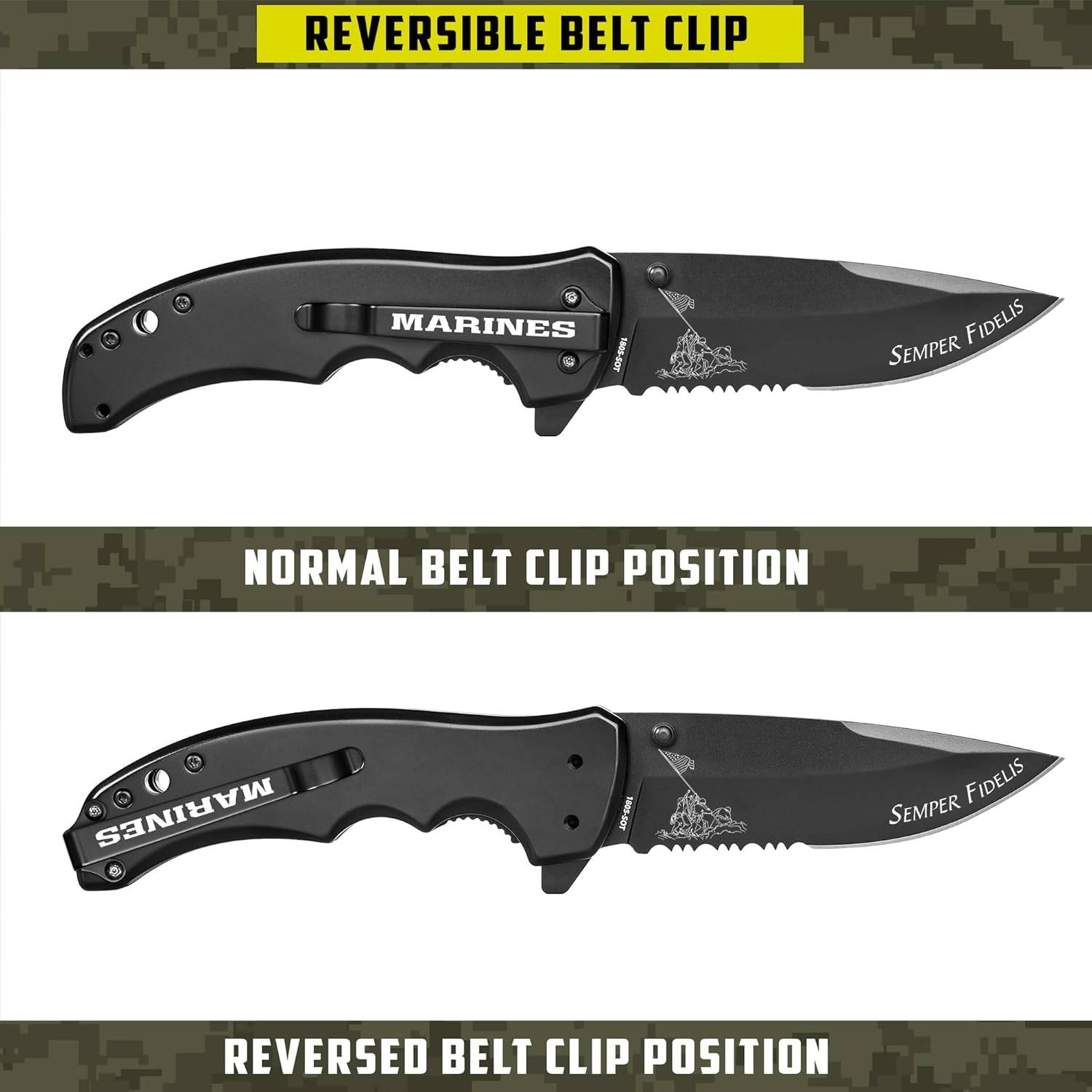 Military Gift Shop MVP 1805 USMC Stealth Tactical Knife – Marine Corps Folding Pocket Knife – Black Titanium Coated Steel EDC Gear for Veterans