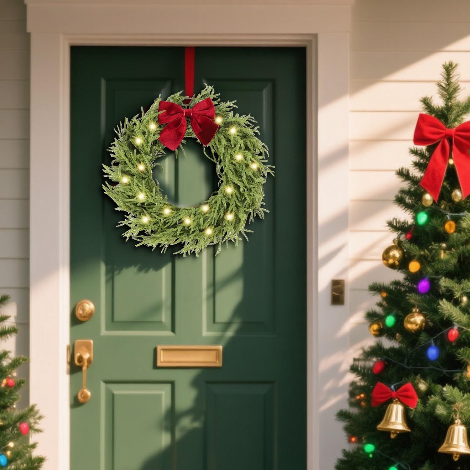 HipTree 30 Inch Christmas Wreaths for Front Door with Lights,Lighted Norfolk Pine Door Wreath,Prelit Real Touch Artificial Green Winter Wreath with Large Burgundy Velvet Bow for Indoor Outdoor Decor