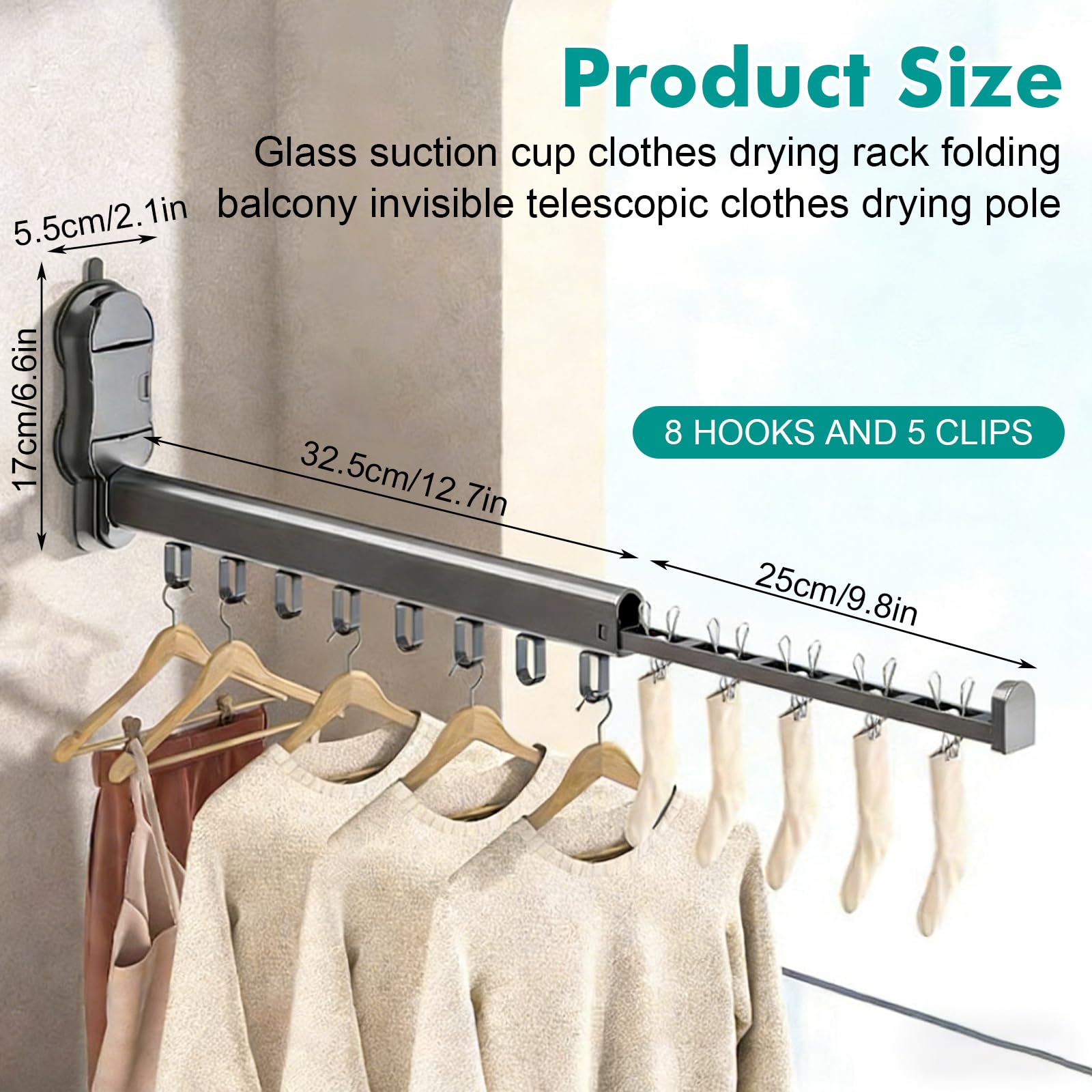 Étendoir Linge Mural Pliable avec Ventouse, Étendoir à Linge Mural Rétractable 25cm, Étendoir Rabattable 90°, Support Murale Gain de Place pour Balcon & Salle de Bain