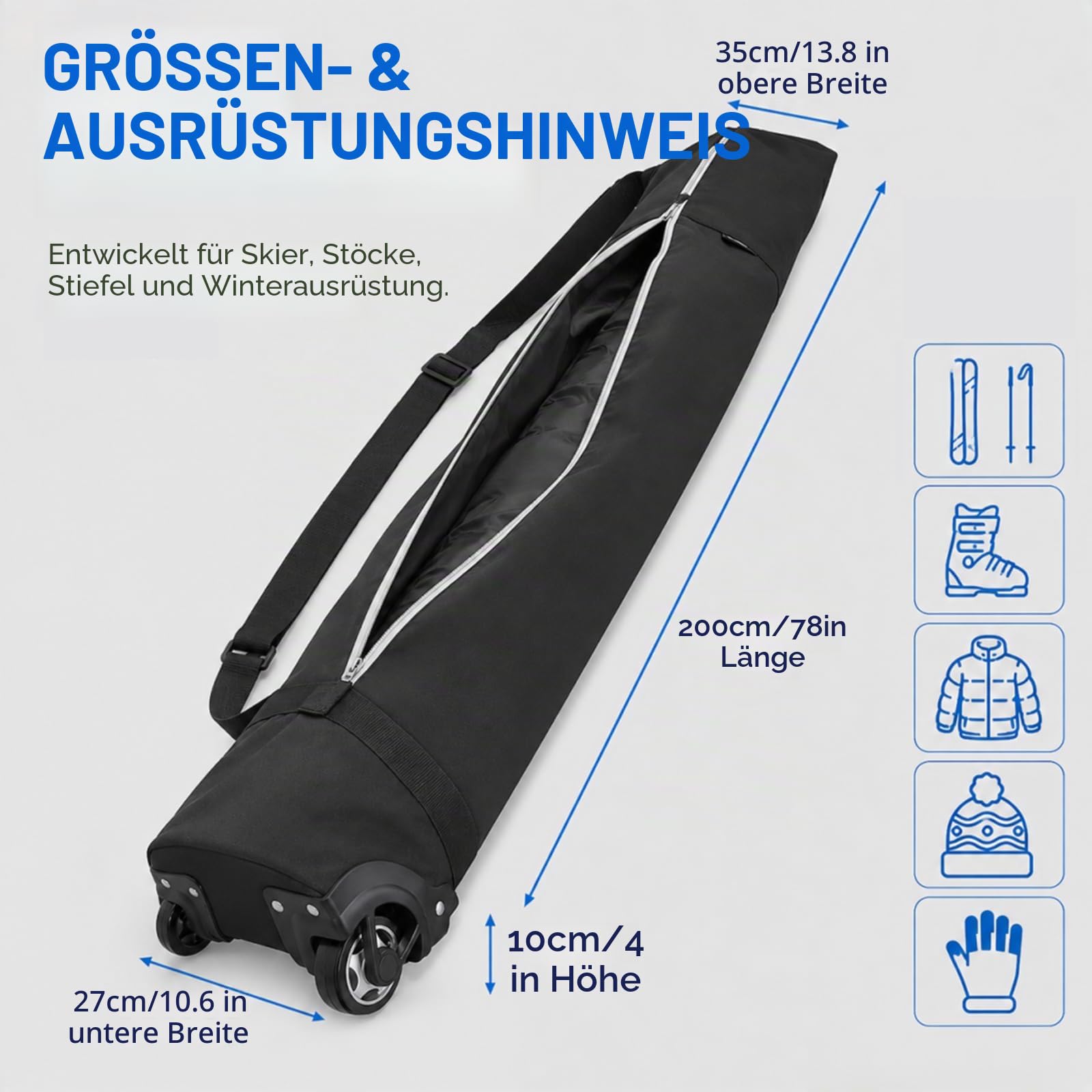Gepolsterte Skitasche mit Rollen Skipack mit Rollen für Flugreisen, die gepolsterte Skitasche bietet Platz für Ski bis zu 200 cm.
