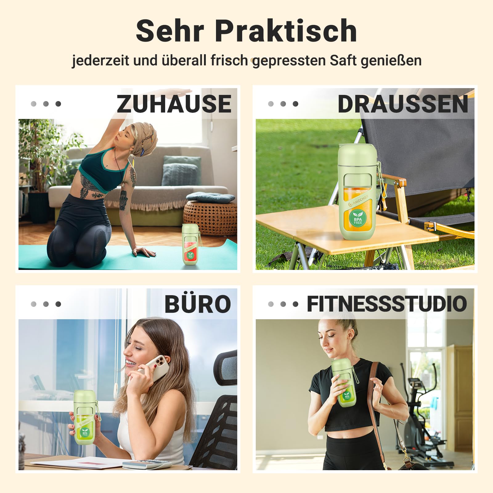 AMZCHEF Vakuum Smoothie Maker, Tragbarer Mixer für Milchshake, Saft, Smoothie - 380ml Vakuum Antioxidantien Saft Flasche - Kabellos wiederaufladbare Flasche für Minimixer