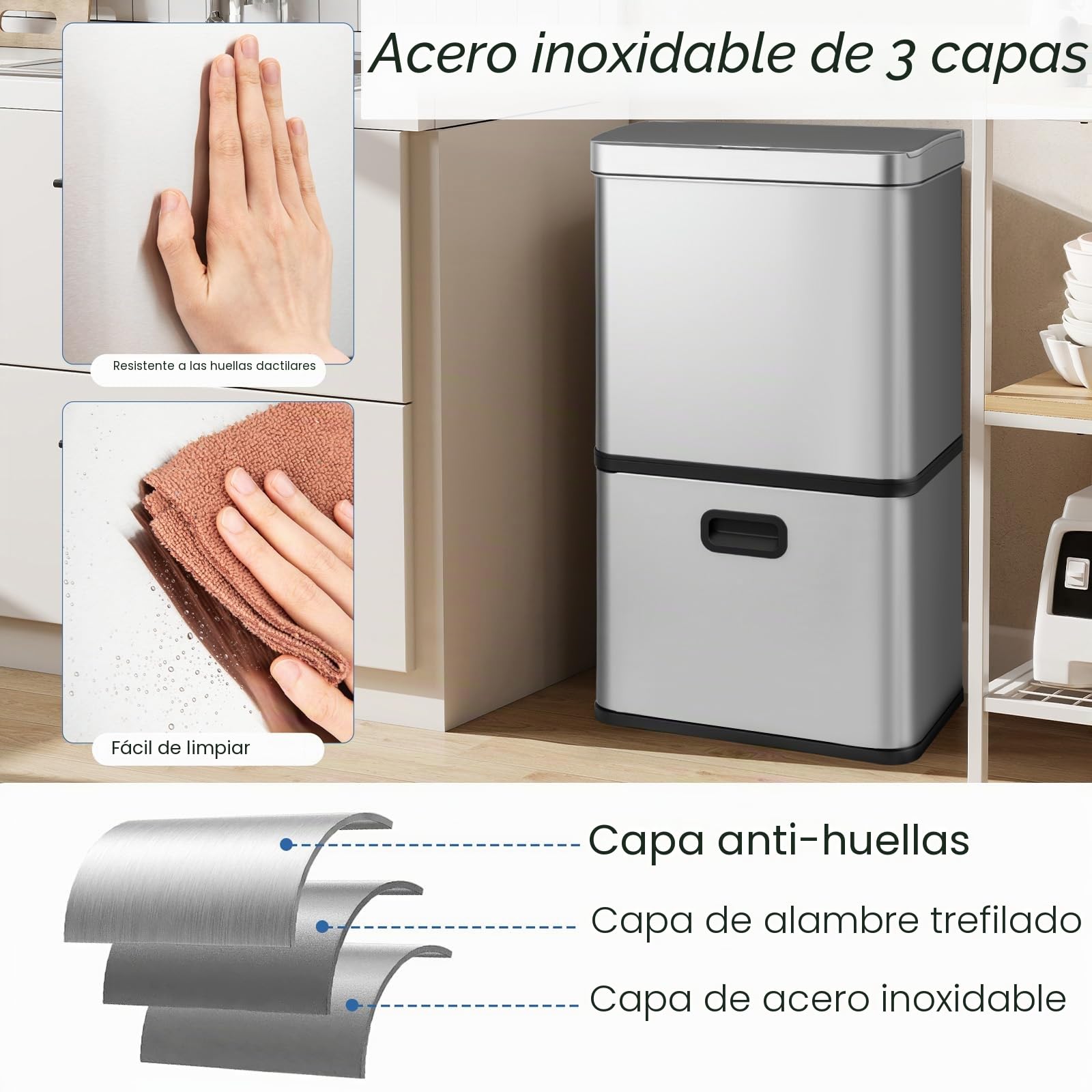 LIFEZEAL 56L - Papelera de Acero Inoxidable con Sensor, Cubo de Basura con 2 Bandejas Extraíbles y Tapa de Mantenimiento Abierto y Cierre, Sin Contacto para Interior, Cocina, Salón (Plata)