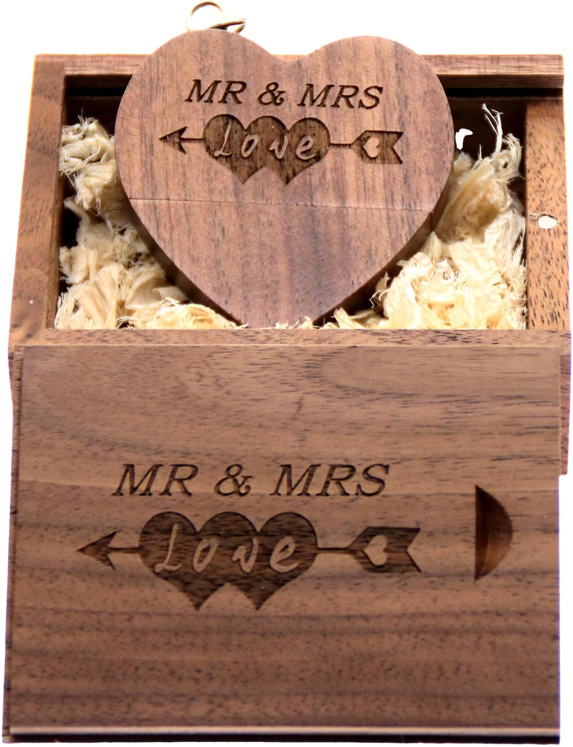 32GB Wooden USB Flash Drive with Laser Engraved Mr & Mrs Design - Heart Shape Wooden with 32GB Memory