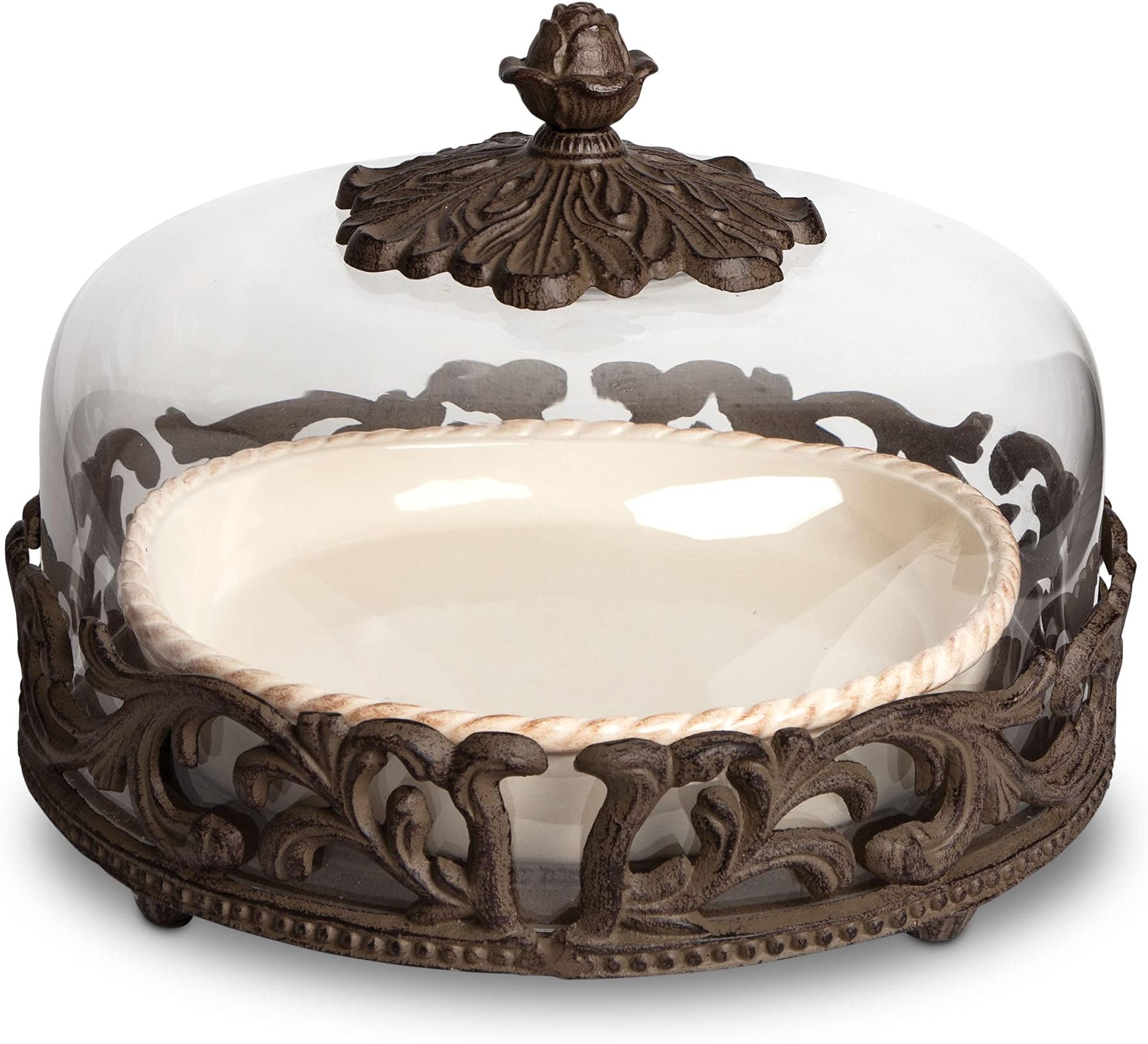 Cream Ceramic Pie Plate With Dome Lid With Acanthus Leaf Metal Base